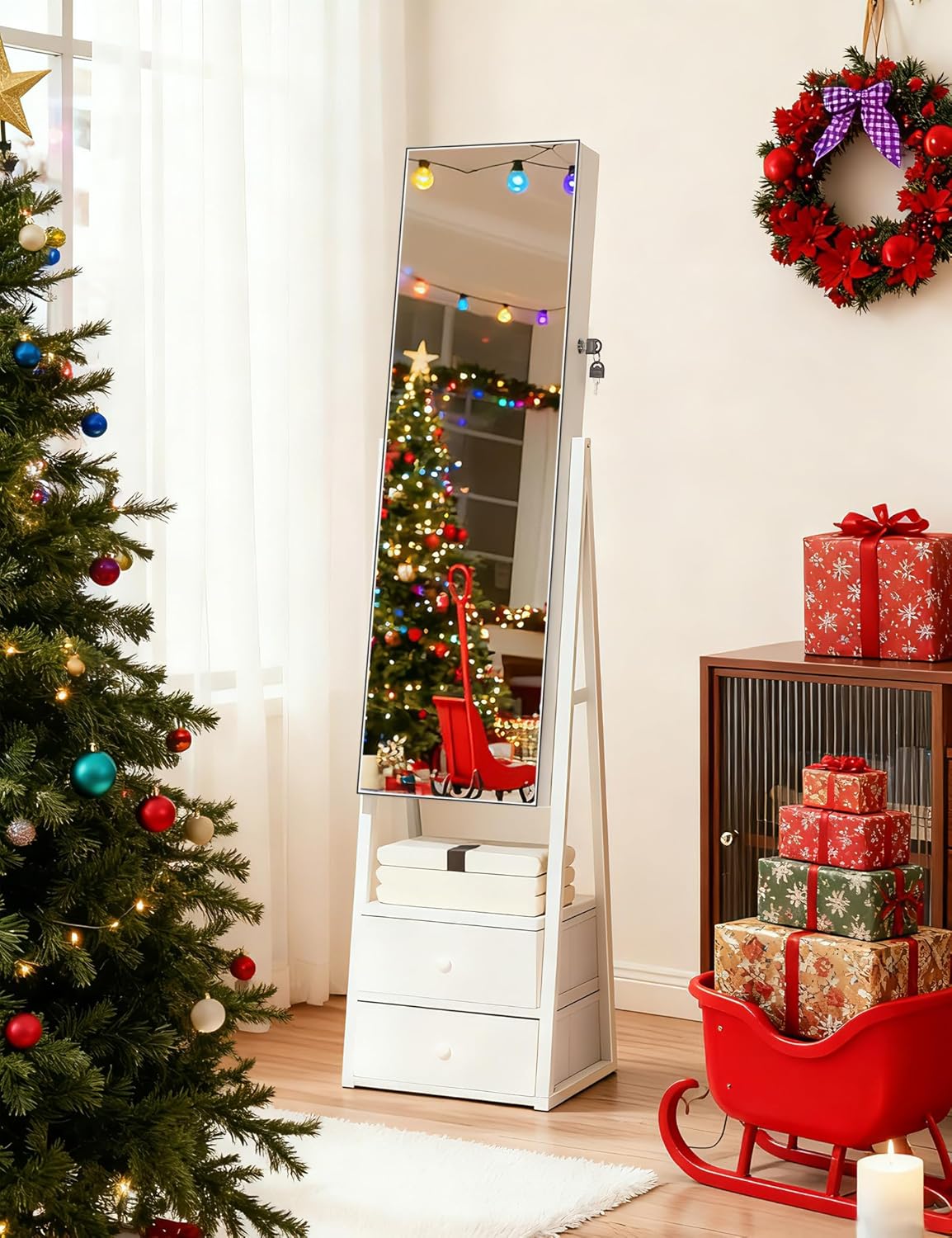 Jewelry Cabinet Armoire, 2 Drawers, Full Length Mirror, Pure White | Standing Mirror Jewelry Cabinet, Lockable Jewelry Armoire with Mirror, Adjustable Angles, Easy Assembly, Gift Idea, HD Glass - Image 6