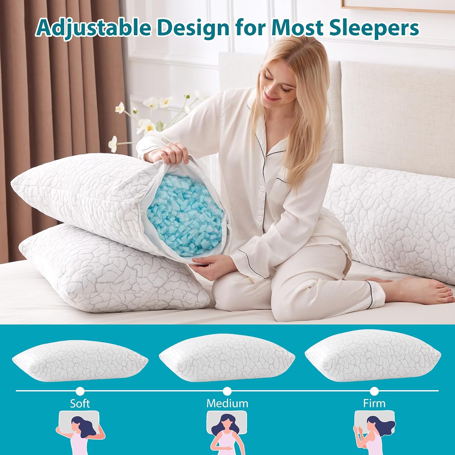 Cooling Pillows Queen Size Set of 2, Memory Foam Firm Bed Pillows | Adjustable, For Hot Sleeper, Side Back Stomach Sleeping, Cold Pillow, Neck and Shoulder Pain Relief, Removable Washable Cover - Image 3