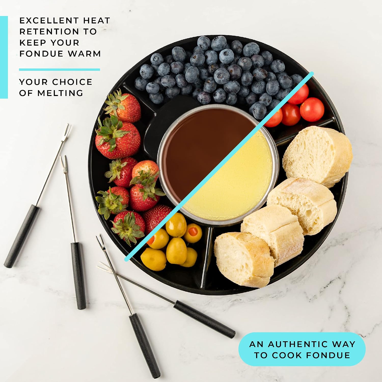 Kusini Electric Fondue Pot Set – Chocolate Fondue Kit - Temperature Control | Detachable Serving Tray, 10oz Melting Pot, 4 Roasting Forks - Gift Set & Date Night Idea. Serve at Movie Night or Game Night. - Image 5