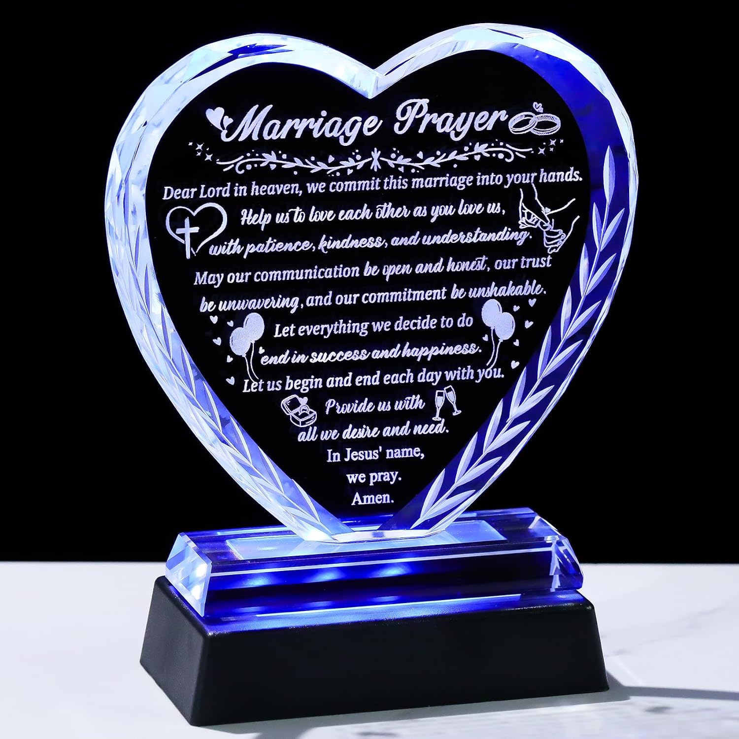 Arikyrist Crystal Heart Wedding Gifts for Couple 2026 Newlyweds | LED Light Base, Happy Anniversary Marriage Engagement Prayer Plaque with Inspiring Quotes, Mr and Mrs Bridal Shower Gift Idea