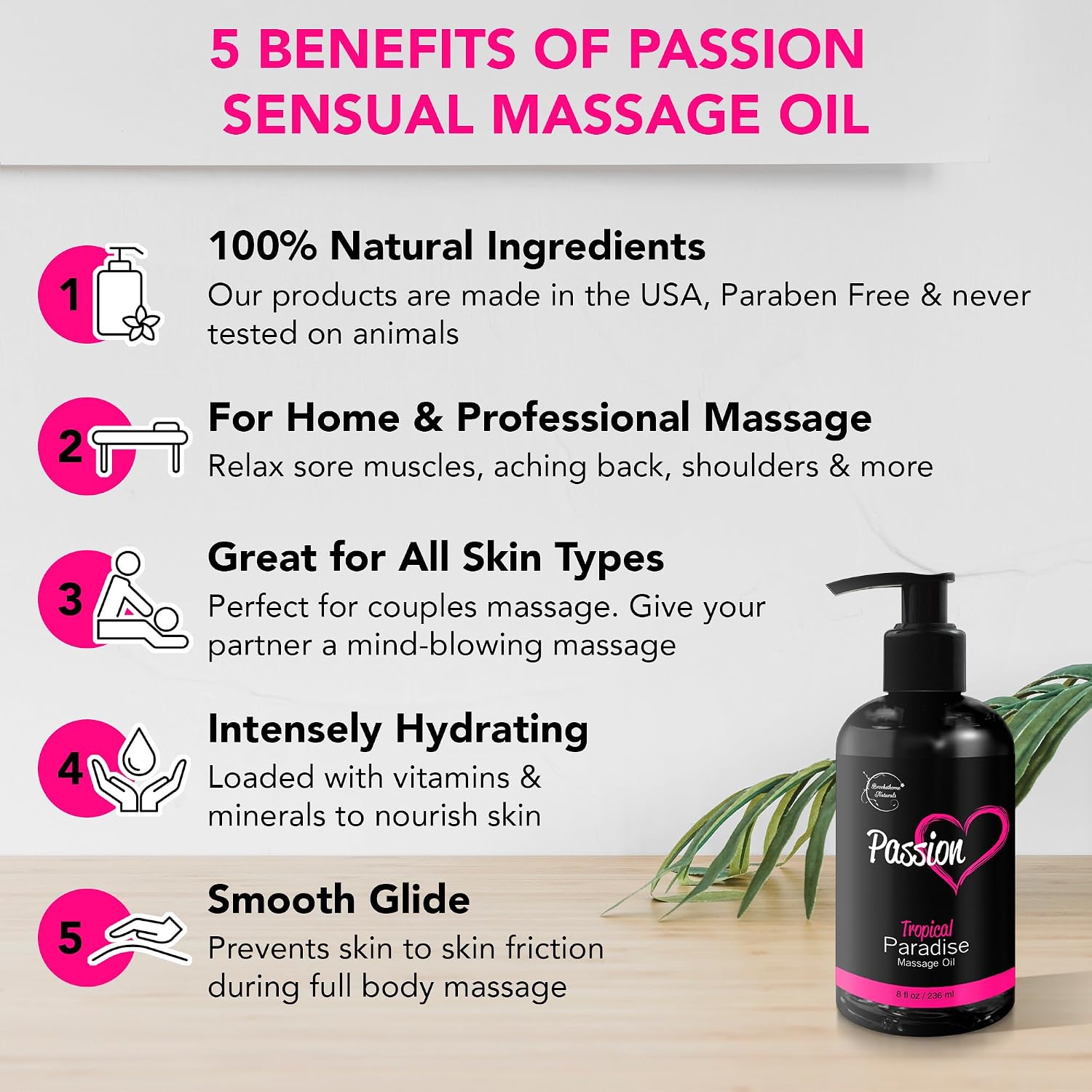 Passion Sensual Massage Oil for Date Night by Brookethorne Naturals | 8oz | 100% Natural Body Oil for Couples | Aromatherapy & Relaxing Massage | Tropical Scent | Jojoba & Almond for Smooth glide - Image 2