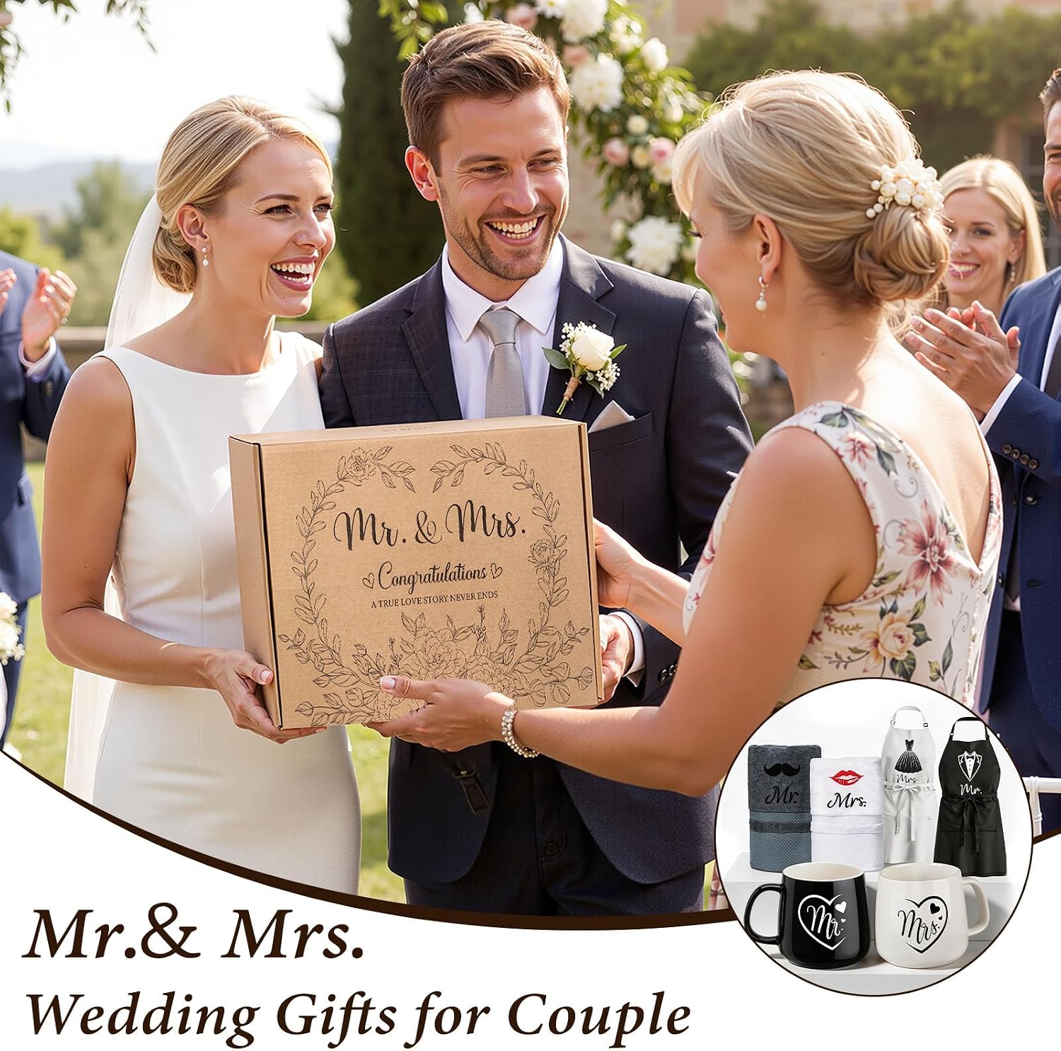TUZELIYA Wedding Gifts for Couples, Bridal Shower Gift for Bride To Be, Engagement Gifts for Newlyweds, His and Hers Mr and Mrs Anniversary Set with Aprons, Coffee Mugs and 100% Cotton Towels - Image 6