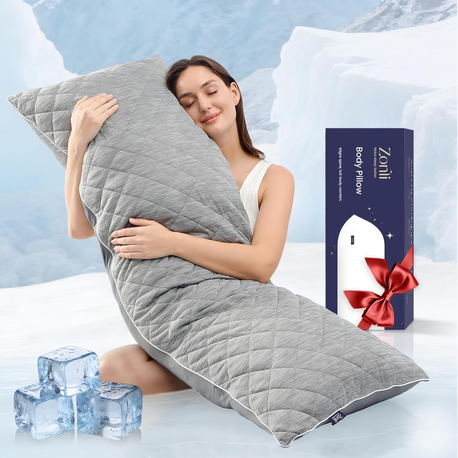 ZonLi Cooling Body Pillow for Adults Side Sleeper & Pregnancy - Memory Foam Insert Long Body Pillow 20 x 54 Inch with Washable Pillowcase, Gift for Men Women Grey - Image 2