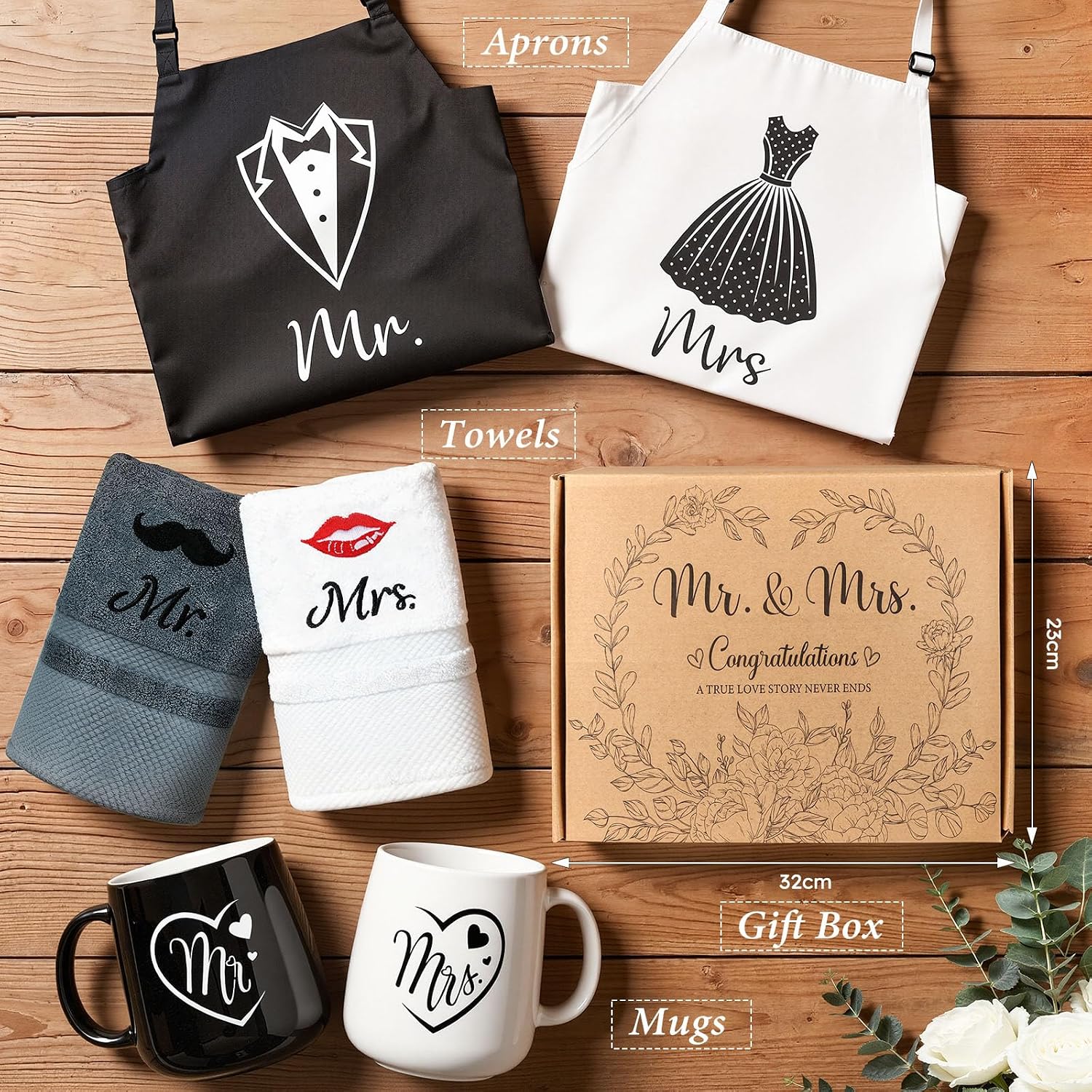 TUZELIYA Wedding Gifts for Couples, Bridal Shower Gift for Bride To Be, Engagement Gifts for Newlyweds, His and Hers Mr and Mrs Anniversary Set with Aprons, Coffee Mugs and 100% Cotton Towels - Image 2