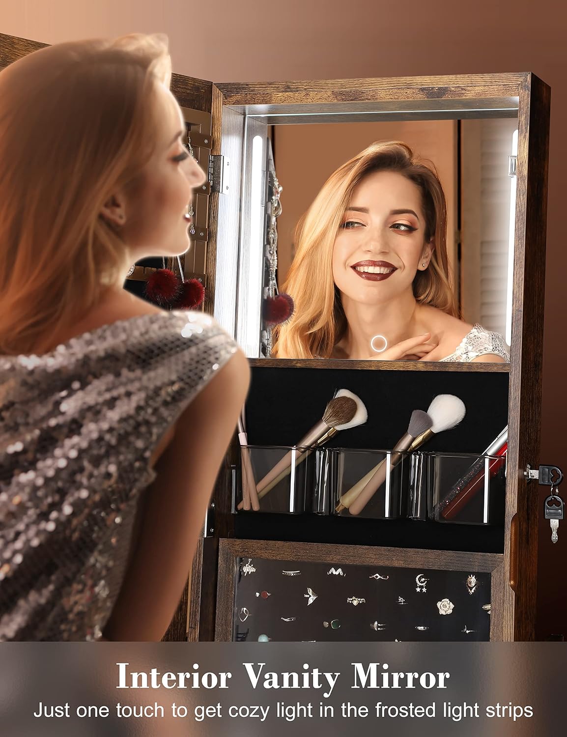 360° Swivel Jewelry Cabinet with Lights, Full Length Mirror | Standing Led Mirror Jewelry Cabinet, Lockable Mirror with Storage, Interior Mirror, Shelves, Flip-over Shelf, Rustic Brown - Image 3