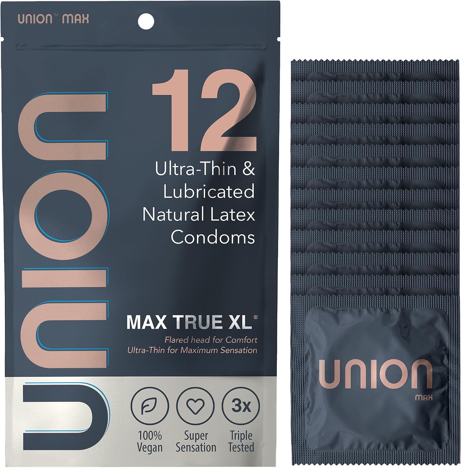 UNION MAX Condoms - True XL Ultra-Thin Extra Large 60mm Size, 12 Count Pack | Natural Latex with Flared Head, Vegan Condom, Lightly Lubricated, Large Fit for Natural Feel and Comfortable Roomier Wear