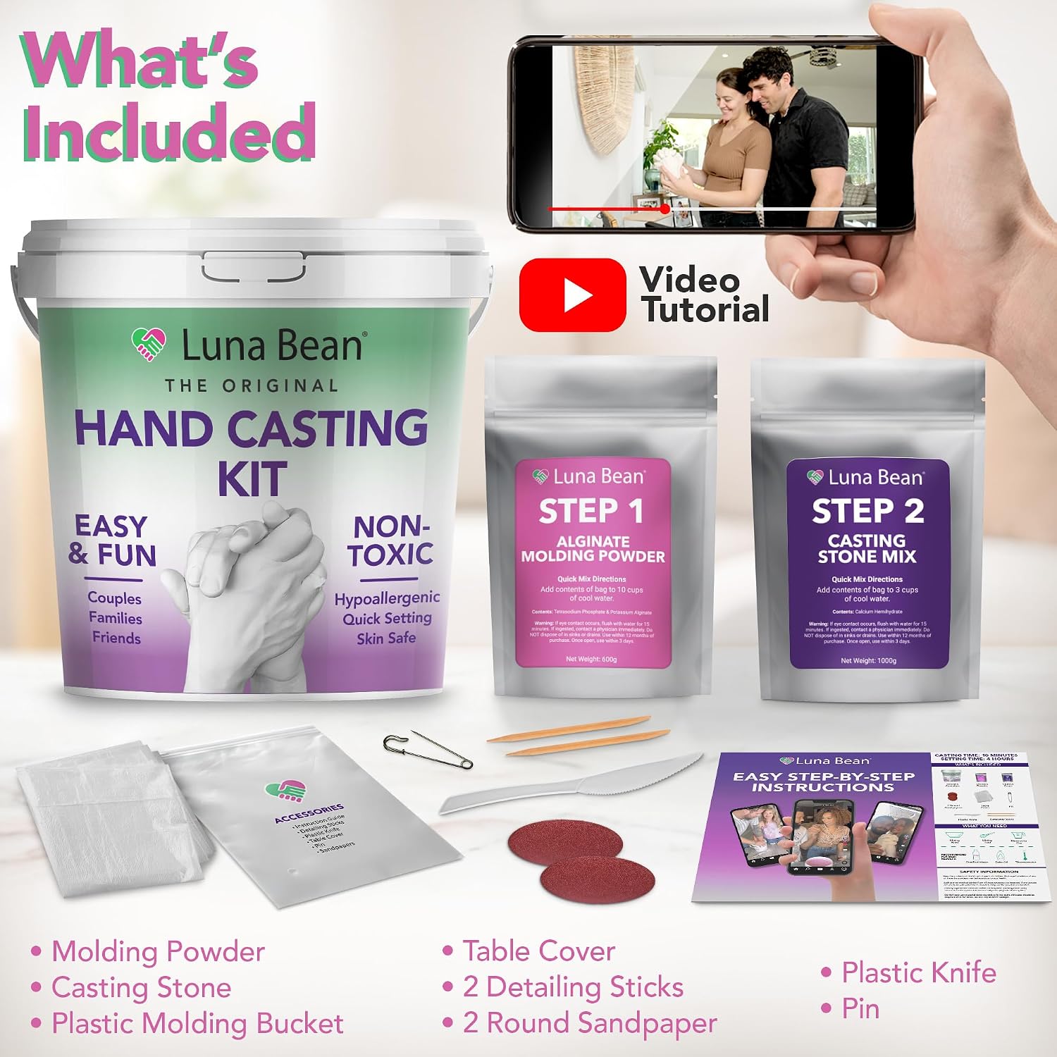 Luna Bean Hand Casting Kit - Couples, Wedding, Hand Mold | Highly detailed, easy to use, fun activity for making memories; gifts for women, special occasions, milestones, and family - Image 6