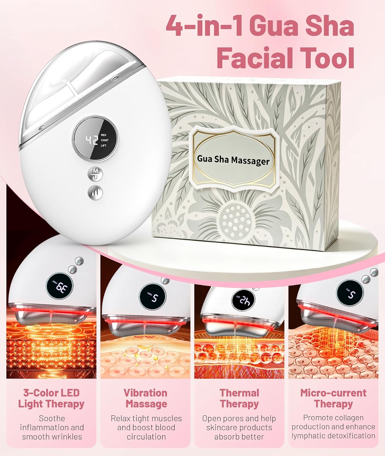 4-in-1 Red Light Therapy for Face and Neck, Gua Sha Facial Tool with Heat & Vibration, Face Massager Tool for Puffiness, Smoothing, Firming, Gifts for Women & Men (White) - Image 2
