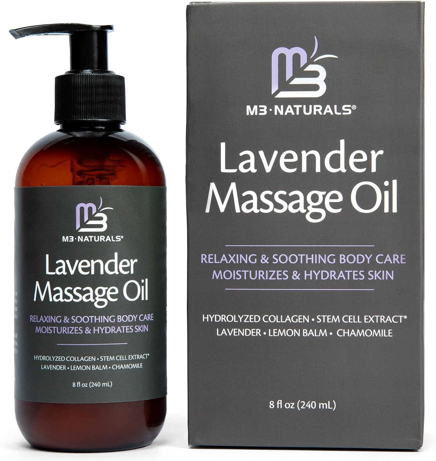 Lavender Sensual Massage Oil with Collagen and Stem Cells, 8 fl oz by M3 | Fast-Absorbing Massage Oil with Lemon Balm & Chamomile, Relaxing & Soothing Body Care, Moisturizes & Hydrates Dry Skin - Image 2