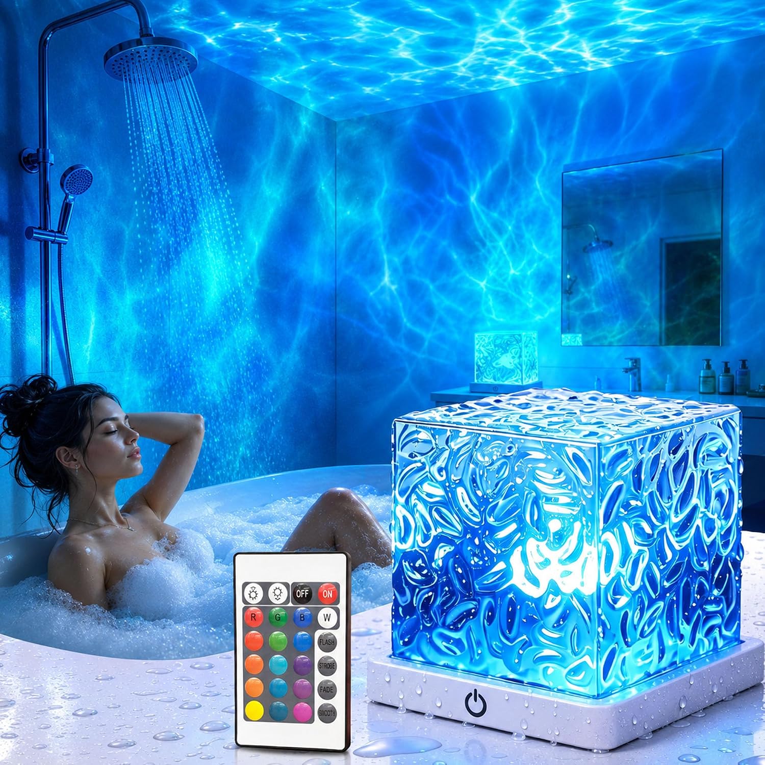 Waterproof Shower Light, Rechargeable Shower Lamp with 16 Color Changeable | Wireless Bathroom Lamp Mood Lighting with Touch & Remote Control, LED Ocean Wave Projector Light for Inside Shower, Bedroom