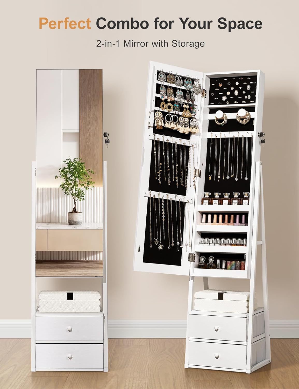 Jewelry Cabinet Armoire, 2 Drawers, Full Length Mirror, Pure White | Standing Mirror Jewelry Cabinet, Lockable Jewelry Armoire with Mirror, Adjustable Angles, Easy Assembly, Gift Idea, HD Glass - Image 3