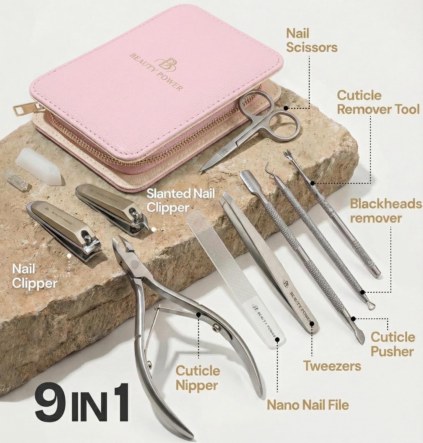 9 in 1 Professional Manicure Pedicure Set - Stainless Steel Nail Clippers, Nano File, Cuticle Nipper, Scissors, Tweezers, Travel PU Leather Case for Men & Women - Gift Idea - Pink - Image 2
