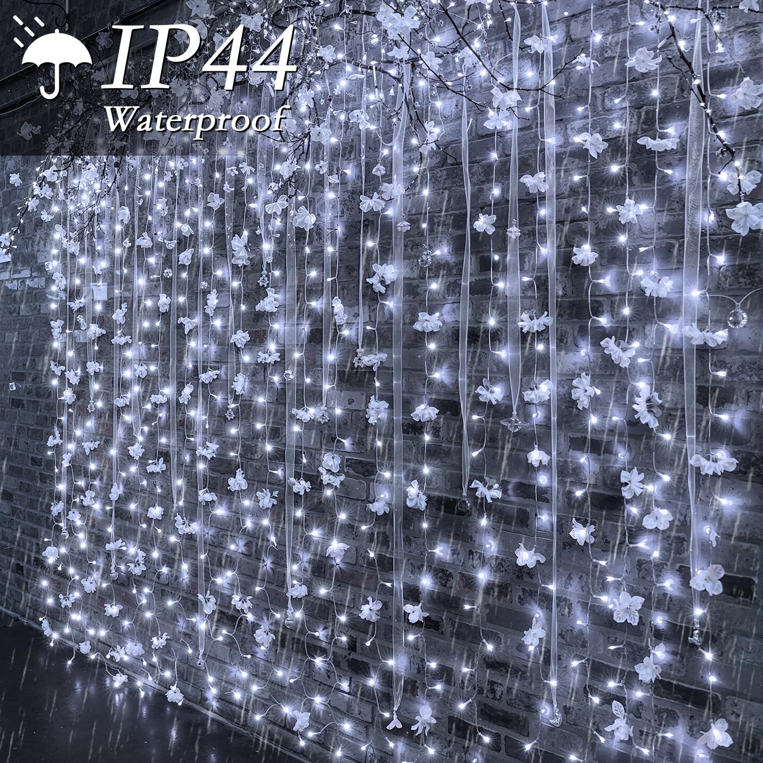 300 LED Cool White Curtain String Lights 9.8x9.8FT Plug in Fairy Lights with 9 Hooks Dimmable Timer & 8 Modes IP44 Waterproof Bedroom Office Wall Wedding Backdrop Christmas Indoor Outdoor Decor - Image 5