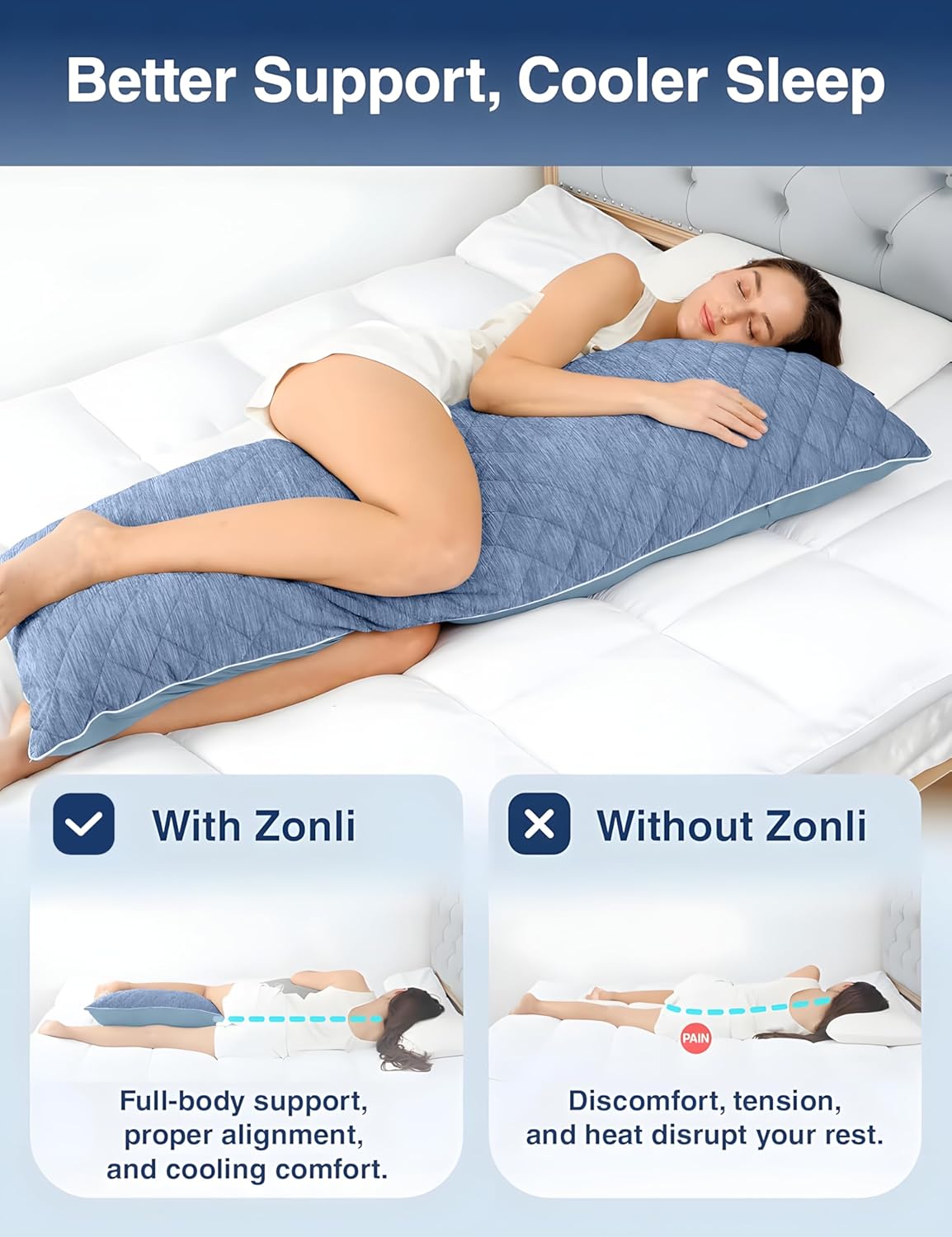 ZonLi Cooling Body Pillow for Adults Side Sleeper & Pregnancy - Memory Foam Insert Long Body Pillow 20 x 54 Inch with Washable Pillowcase, Gift for Men Women Light Blue - Image 6