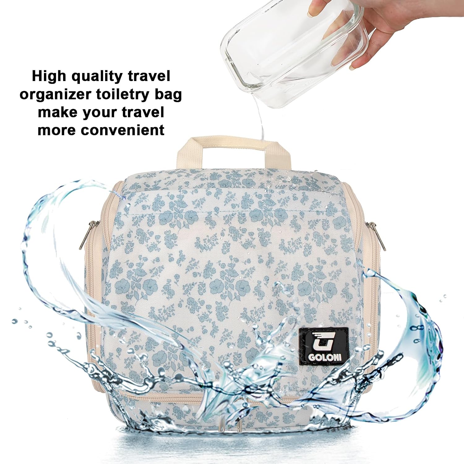 Hanging Toiletry Bag, 10 Compartments Water-Resistant Makeup Bag with 360° Spinning Metal Hook, Large Travel Cosmetic Organizer for Men & Women, Flower (7.05oz) - Image 7