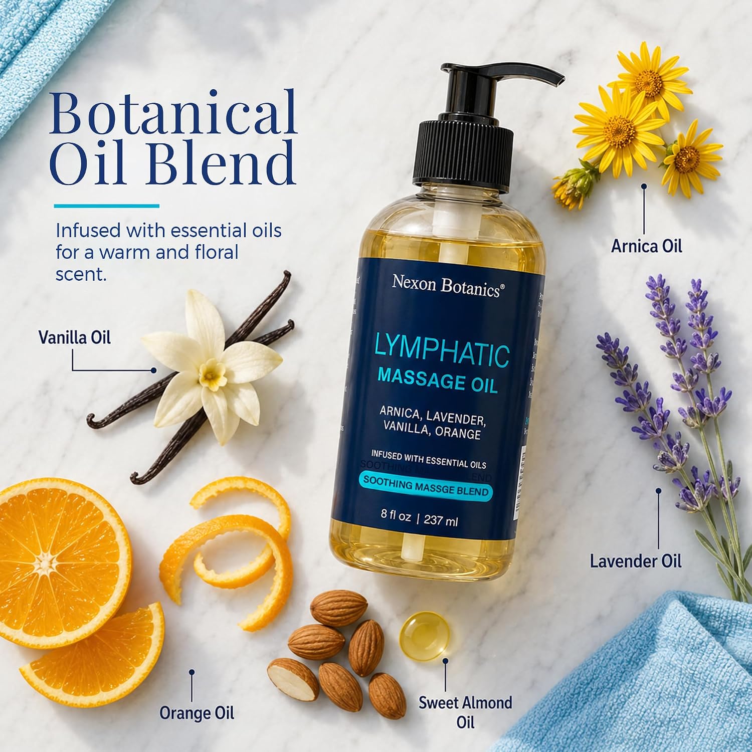Lymphatic Massage Oil for Massage Therapy & Gua Sha with Arnica 8 fl oz | Lightweight, Non-Greasy, and Fast-Absorbing Blend - Floral Scent of Lavender, Orange & Vanilla - Nexon Botanics - Image 4