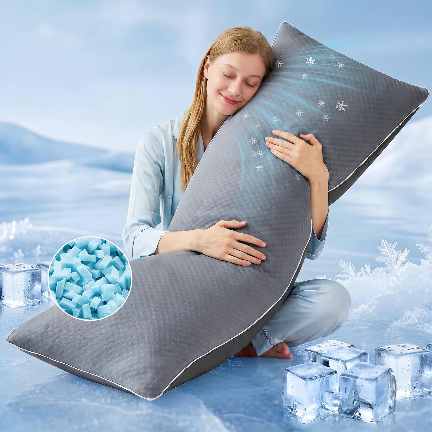 YZ HOME Cooling Body Pillow for Adults- Pillow Insert with Shredded Blue Memory Foam, Soft Support for Side Sleepper, Pregnant Women, Back Pain Relief, Washable Pillowcase (20x54 Inch, Grey) | Long Pillow for Bed with Memory Foam Insert,Adjustable, Soft Support for Side Sleeper, Pregnant(Dark Grey, 20x54Inch)