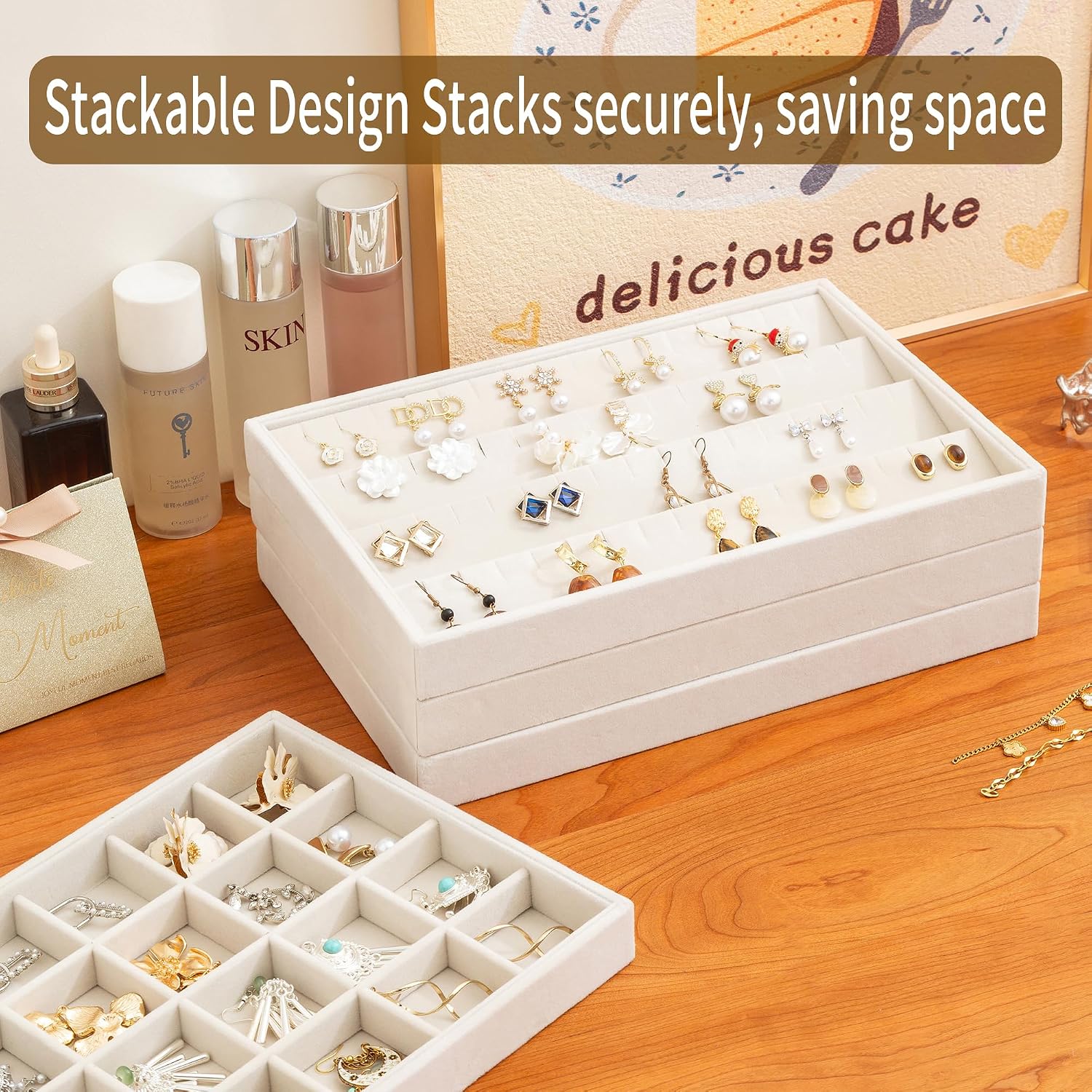 Jewelry Trays for Drawer,Set of 2 Jewelry Organizer and Storage | Velvet Material,Stackable,Adjustable Dividers,Drawer Inserts for Rings Studs Bracelet,Earring Organizer for Women Girls - Image 6