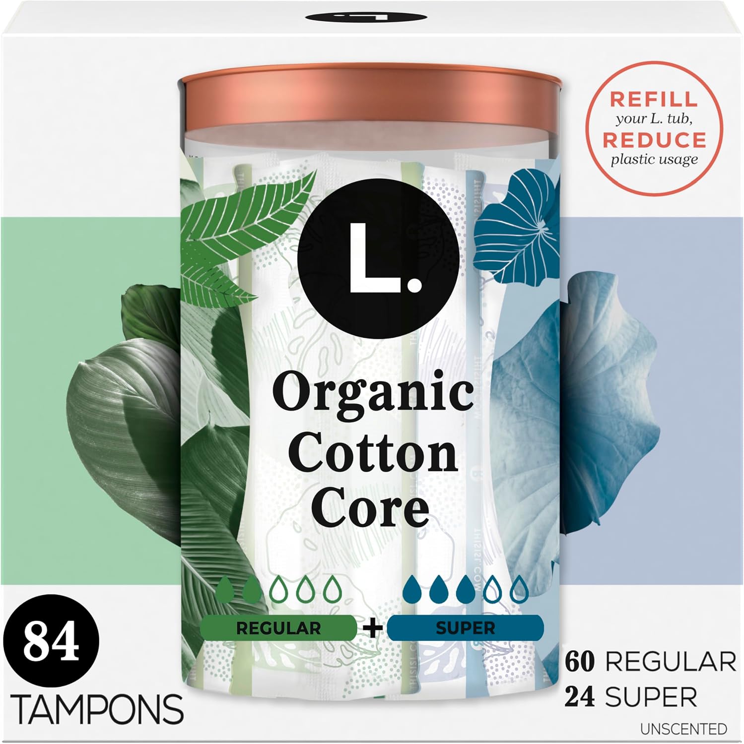L. Cotton Tampons Regular/Super Absorbency Multipack, Contains an Organic Cotton Core, Made Without Synthetic Pesticides, or Fragrances, 84 Count (2 Packs of 42) - Image 14
