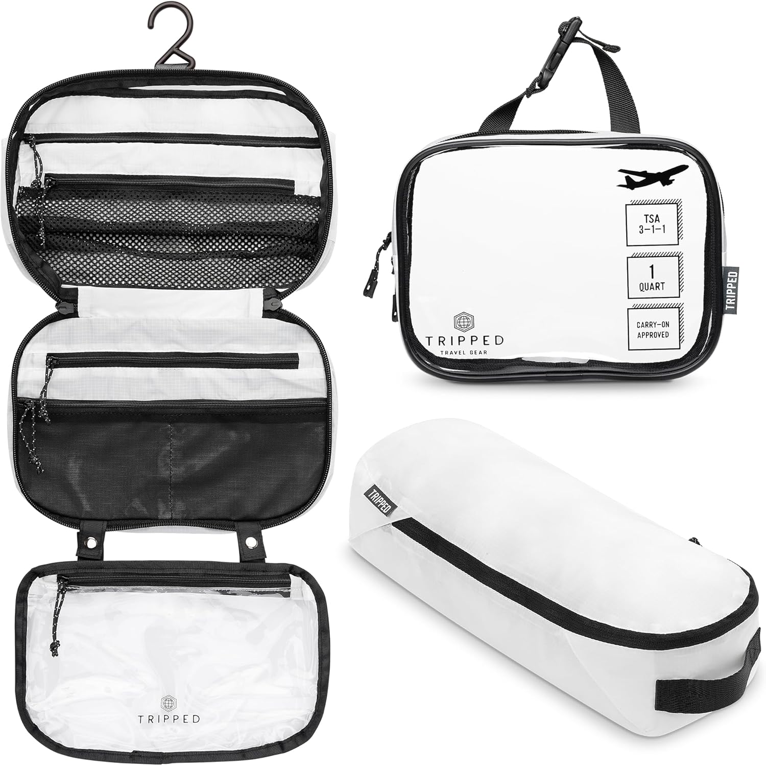 TRIPPED Travel Gear 3-Piece Travel Toiletry Bag Set | Includes Hanging Toiletry Bag, 311 TSA Liquid Bag, and Accessory Organizer Pouch with Lightweight Ripstop Construction