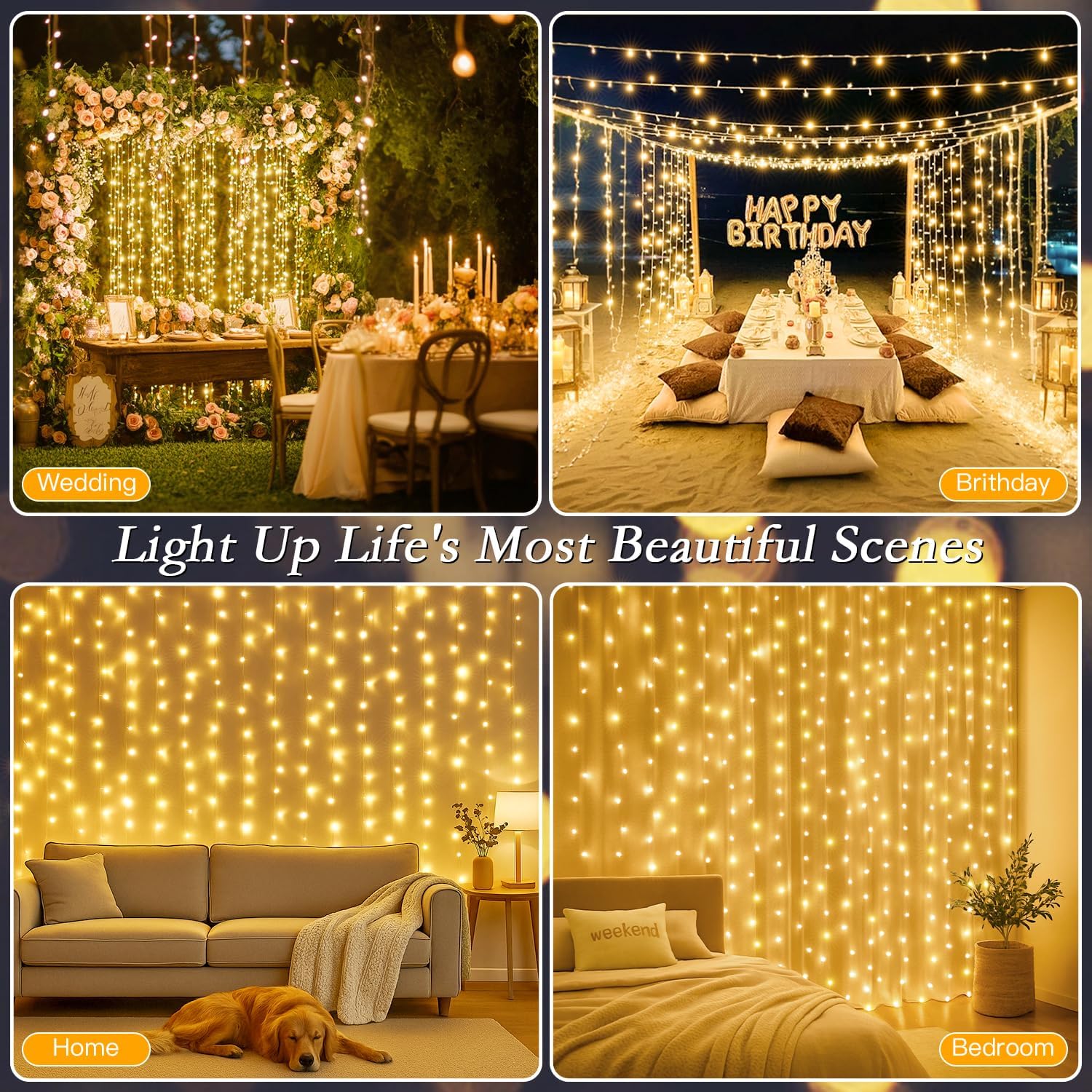 300 LED Warm White Curtain String Lights 9.8x9.8FT, Plug in Fairy Lights with 9 Hooks, Dimmable, Timer & 8 Modes, IP44 Waterproof, Bedroom Wall Wedding Backdrop Christmas Indoor Outdoor Decor - Image 3