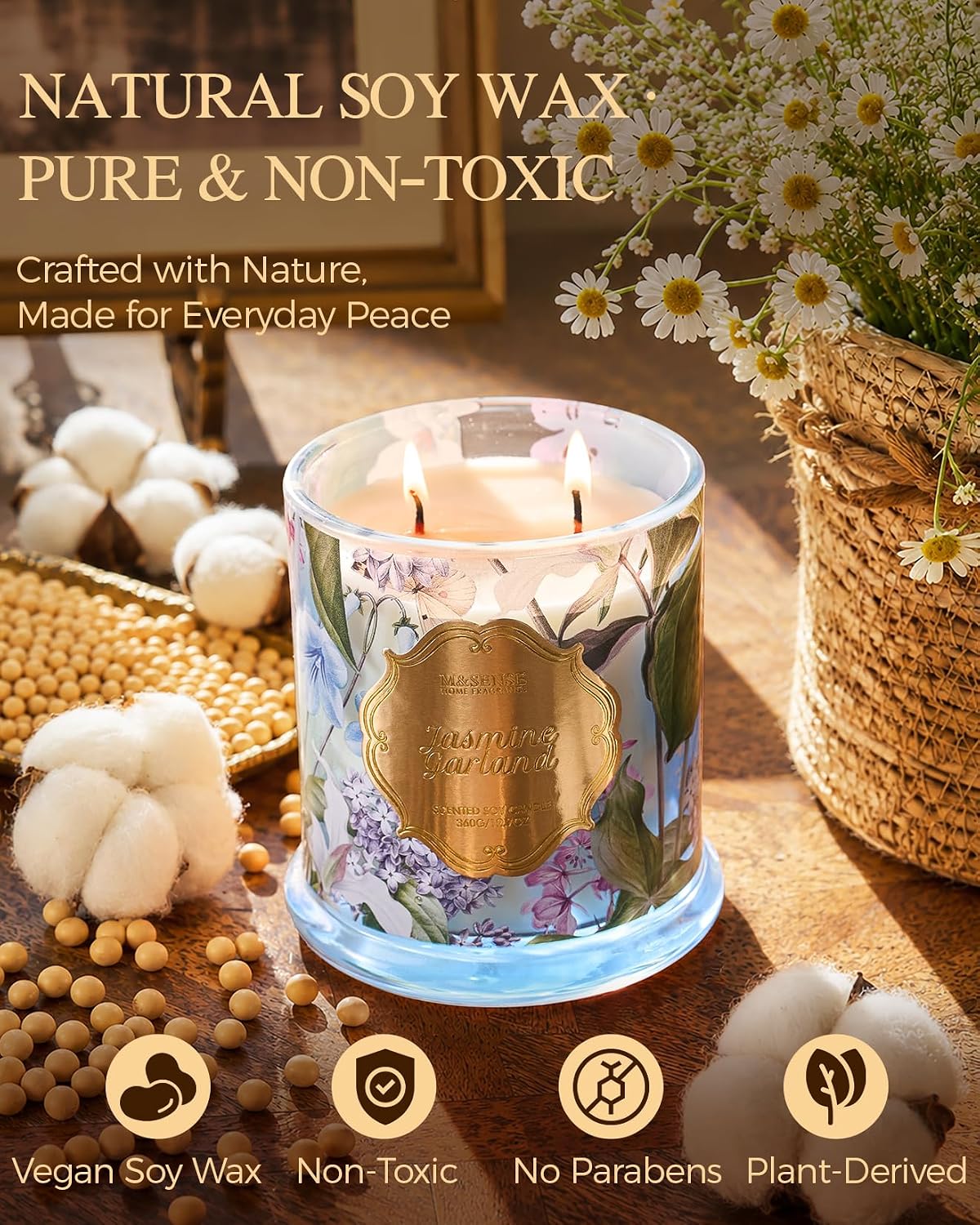 M&SENSE Jasmine Garland Non Toxic Large Soy Candle, 12.7oz Floral Scent | Natural Non Toxic for Home Scented, Housewarming Gift for Women - Image 3