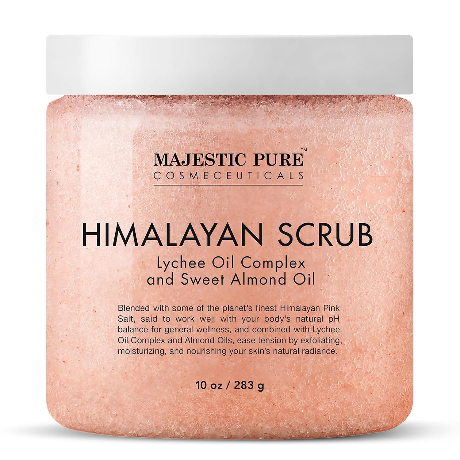 Majestic Pure Himalayan Salt Body Scrub, Lychee Oil Exfoliant, 10 Oz | Buffs away dead skin for a smooth, radiant glow; hydrating spa polish for head-to-toe softness on all skin types.