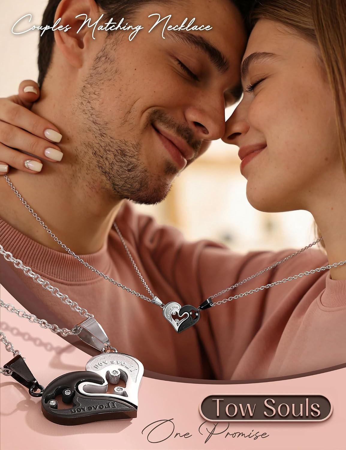 Jstyle 4Pcs Couples Jewelry Set, Matching Necklace Bracelet for Him and Her | Stainless Steel Heart Pendant Necklaces, His Queen /Her King Link Bracelets, Couples Jewelry Set, Valentine's Day Gifts - Image 2