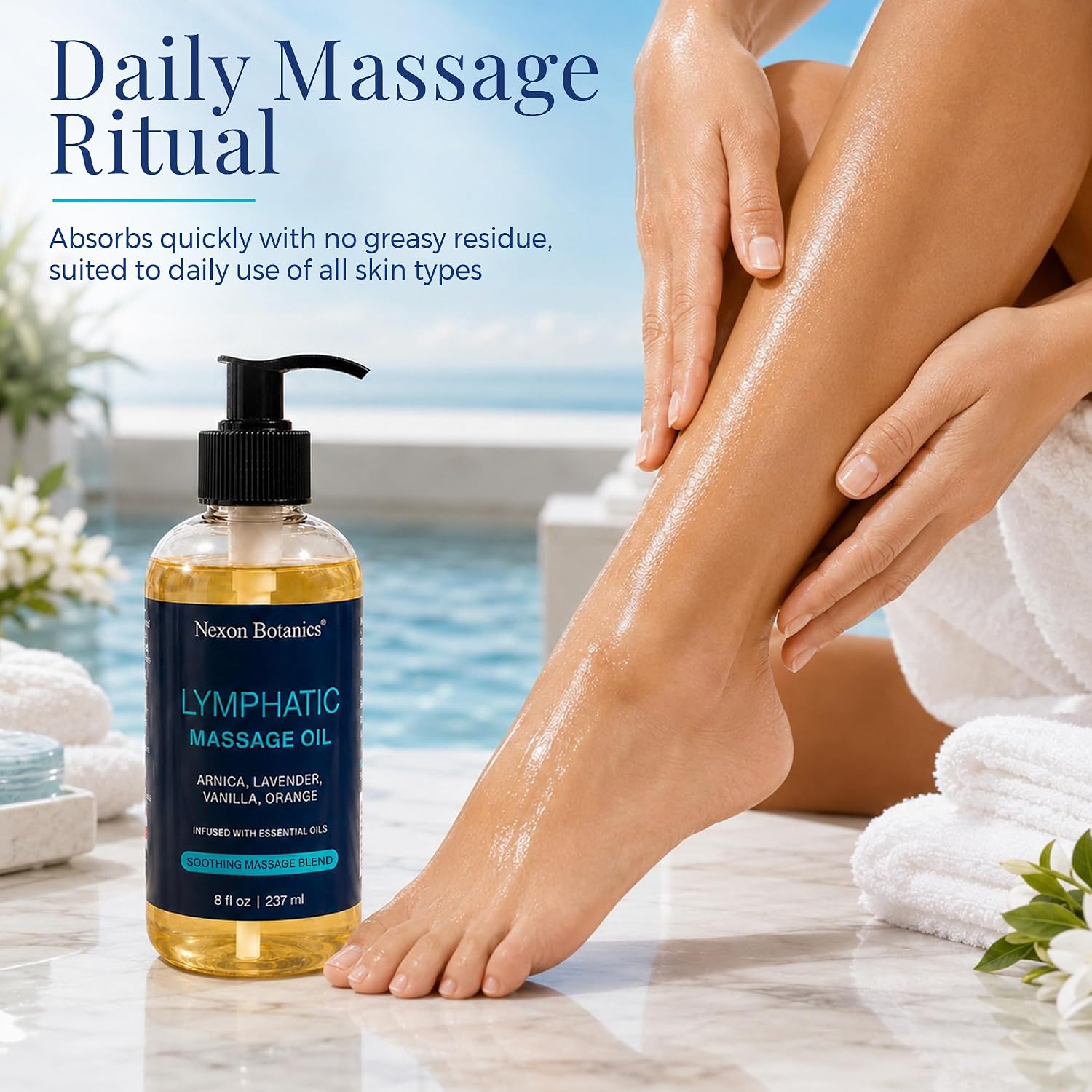 Lymphatic Massage Oil for Massage Therapy & Gua Sha with Arnica 8 fl oz | Lightweight, Non-Greasy, and Fast-Absorbing Blend - Floral Scent of Lavender, Orange & Vanilla - Nexon Botanics - Image 7