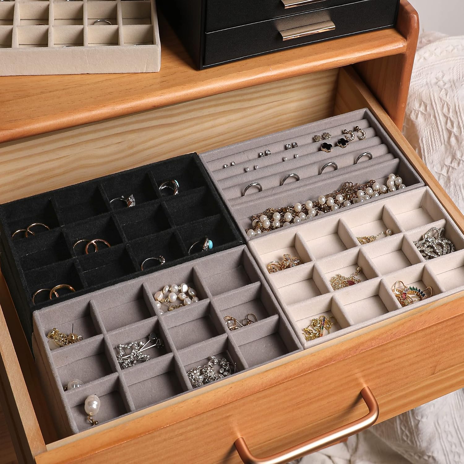 Jewelry Trays for Drawer,Set of 9 Jewelry Organizer and Storage | Velvet Material,Earring Holder Organizer,Stackable Jewelry Display for Vanity,Drawer Inserts for Rings,Studs,8.3×4.9 inch - Image 8