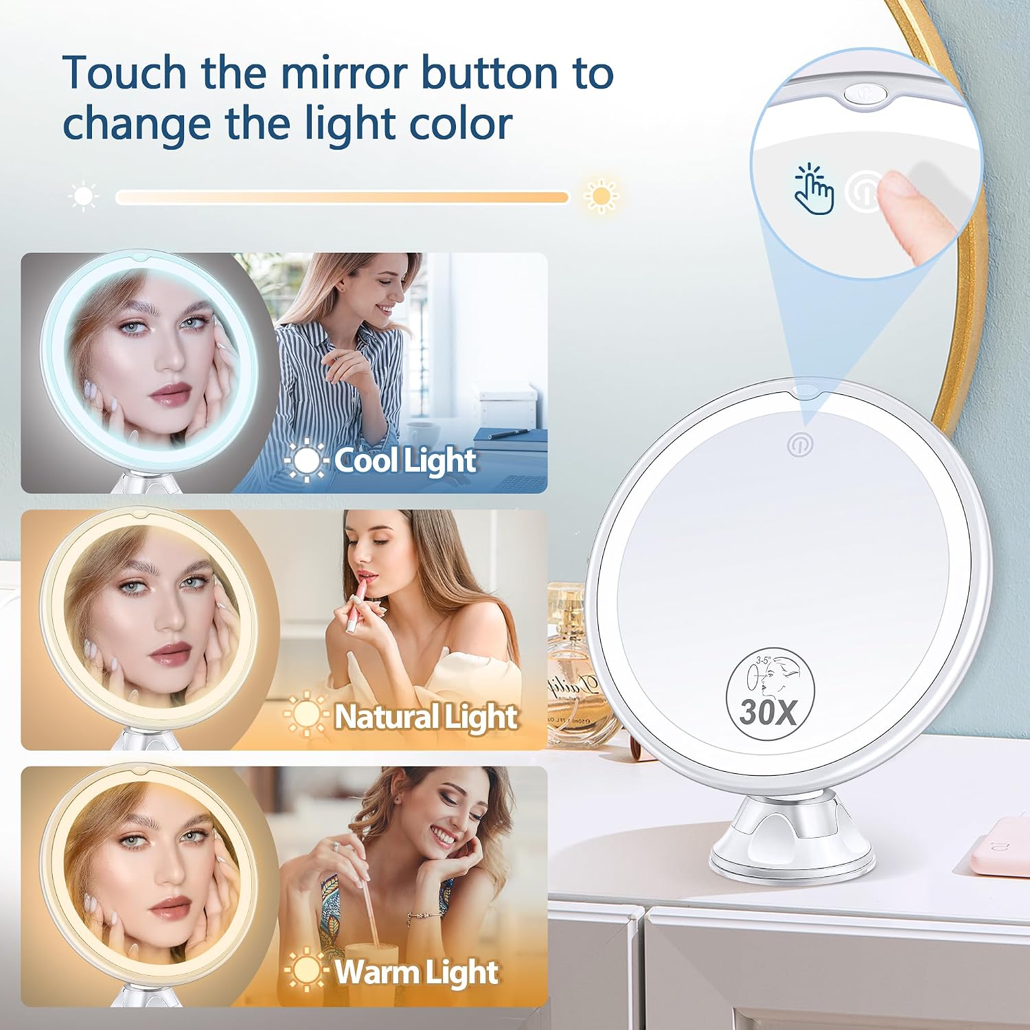 Magnifying Mirror with Light 30X, Lighted Makeup Mirror 30X for Precision Makeup, 3 Color Modes and Adjustable Brightness, 360° Swivel Magnifying Mirrors Suction Cup for Bathroom 8 Inches - Image 2