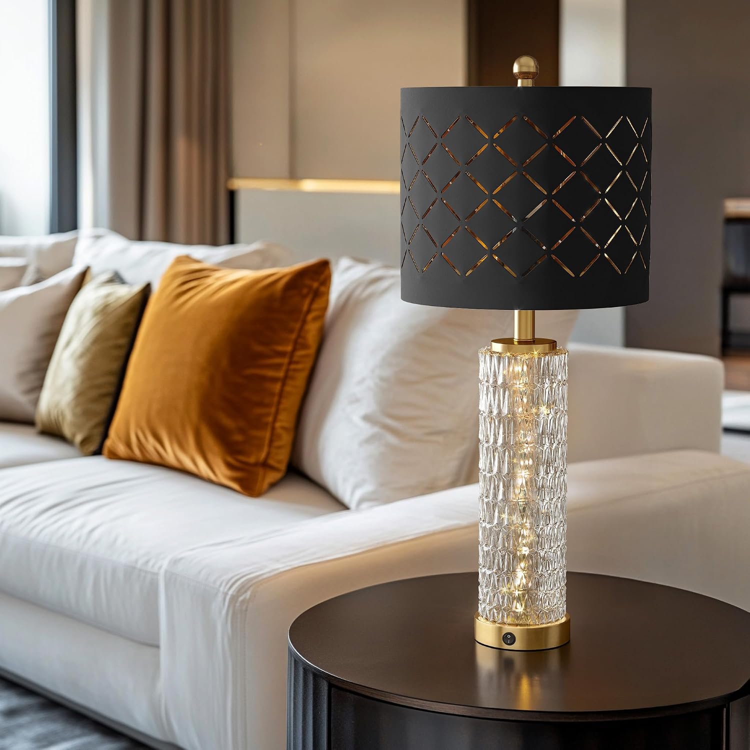 27.75" Modern Table Lamps Set of 2, Gold Bedside Lamp with Crystal Nightlight, USB A+C, Black Grid Shade, Unique Desk Lamps for Living Room, Bedroom, Nightstand, End Table (2 Bulbs Included) - Image 2