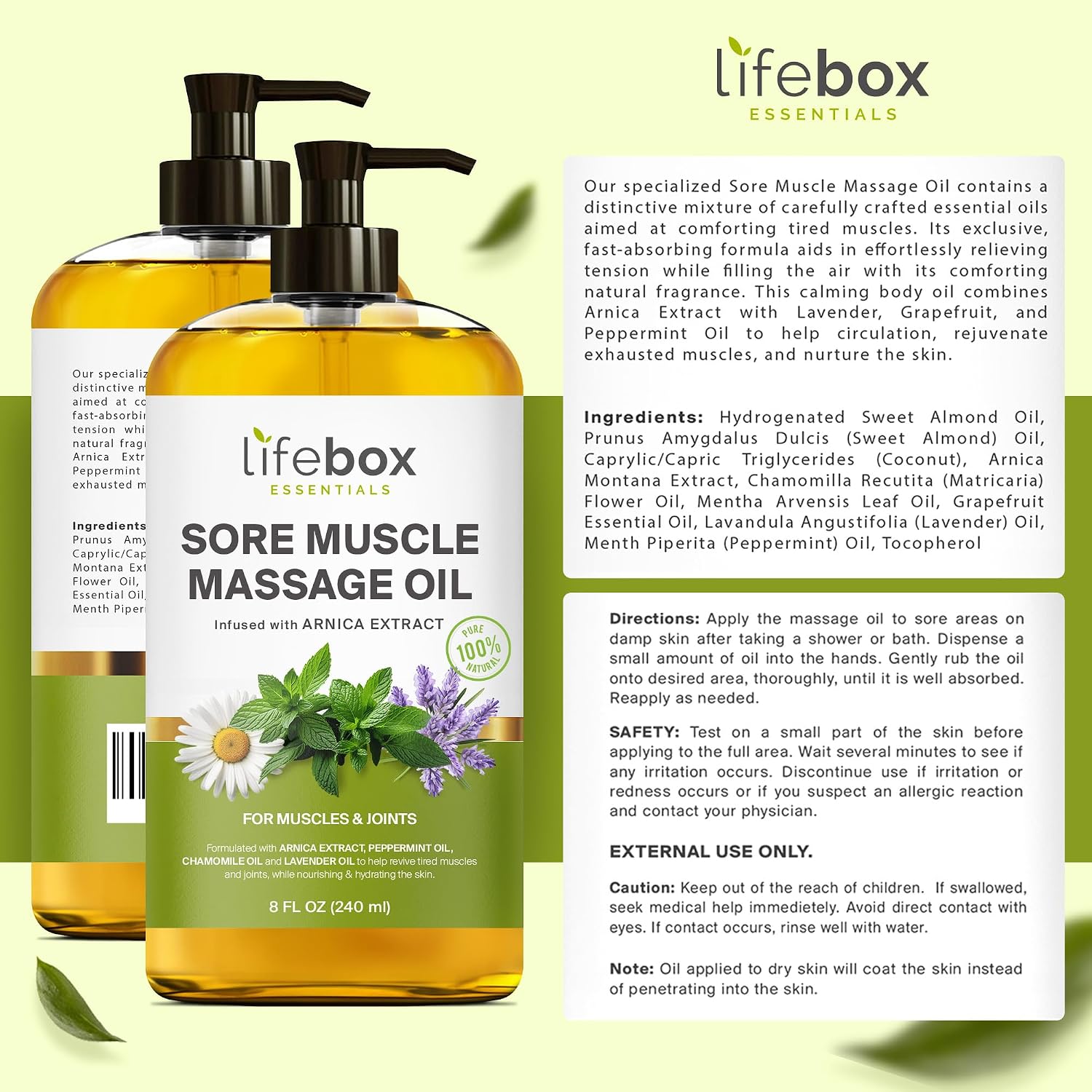 Arnica Sore Muscle Massage Oil – 100% Pure & Natural - Massage Therapy for Muscles & Joints – Body Oil Infused with Arnica Extract, Lavender Oil, Peppermint Oil & Chamomile Oil – 8 FL OZ - Image 4