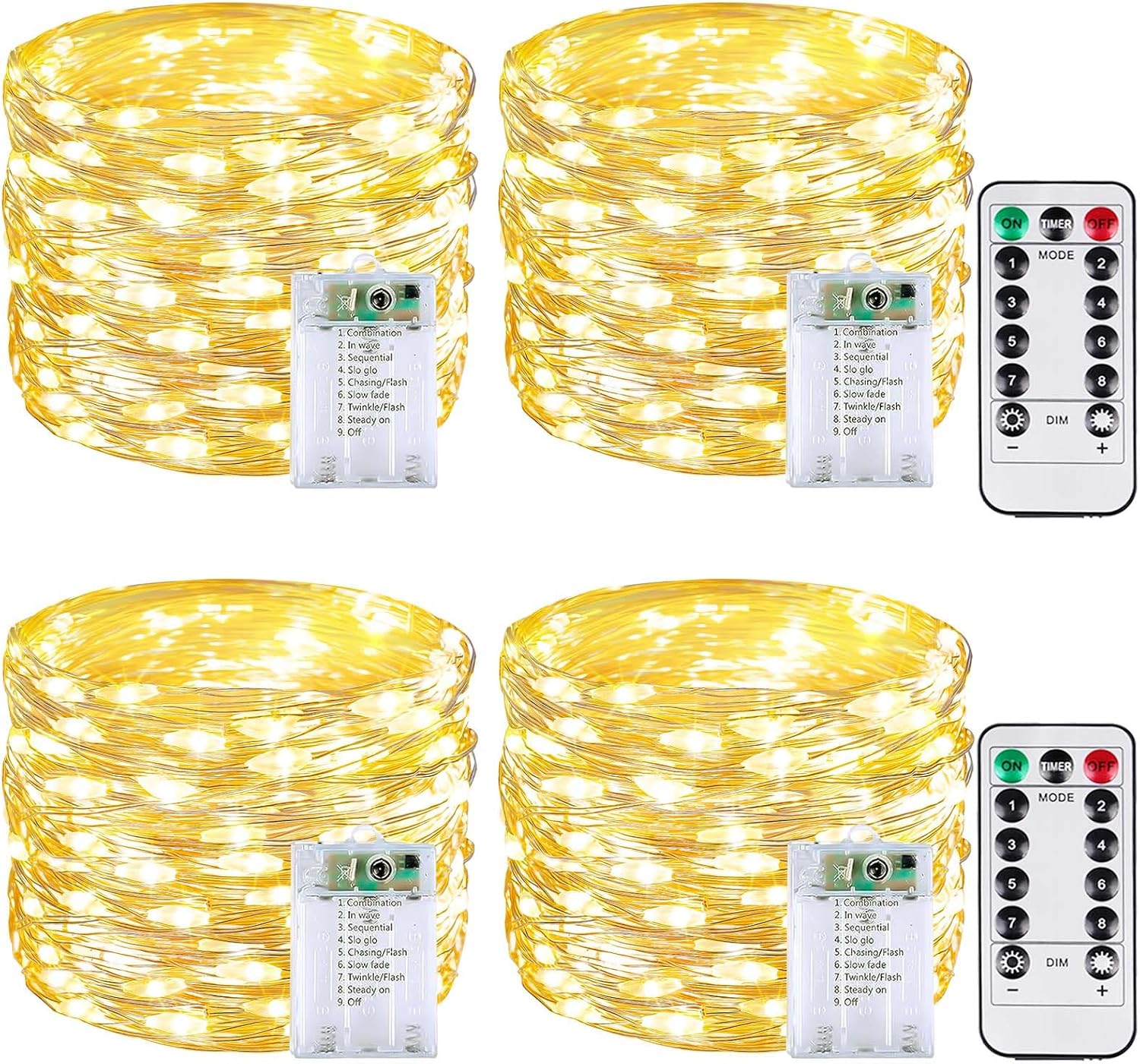 4 Pack 60 LED Fairy Lights Battery Operated with Remote, 20 FT Warm White | Cuttable, 8 Modes, Memory, Dimmable, Waterproof Battery String Lights with Timer for Indoor Outdoor, Christmas Decorations