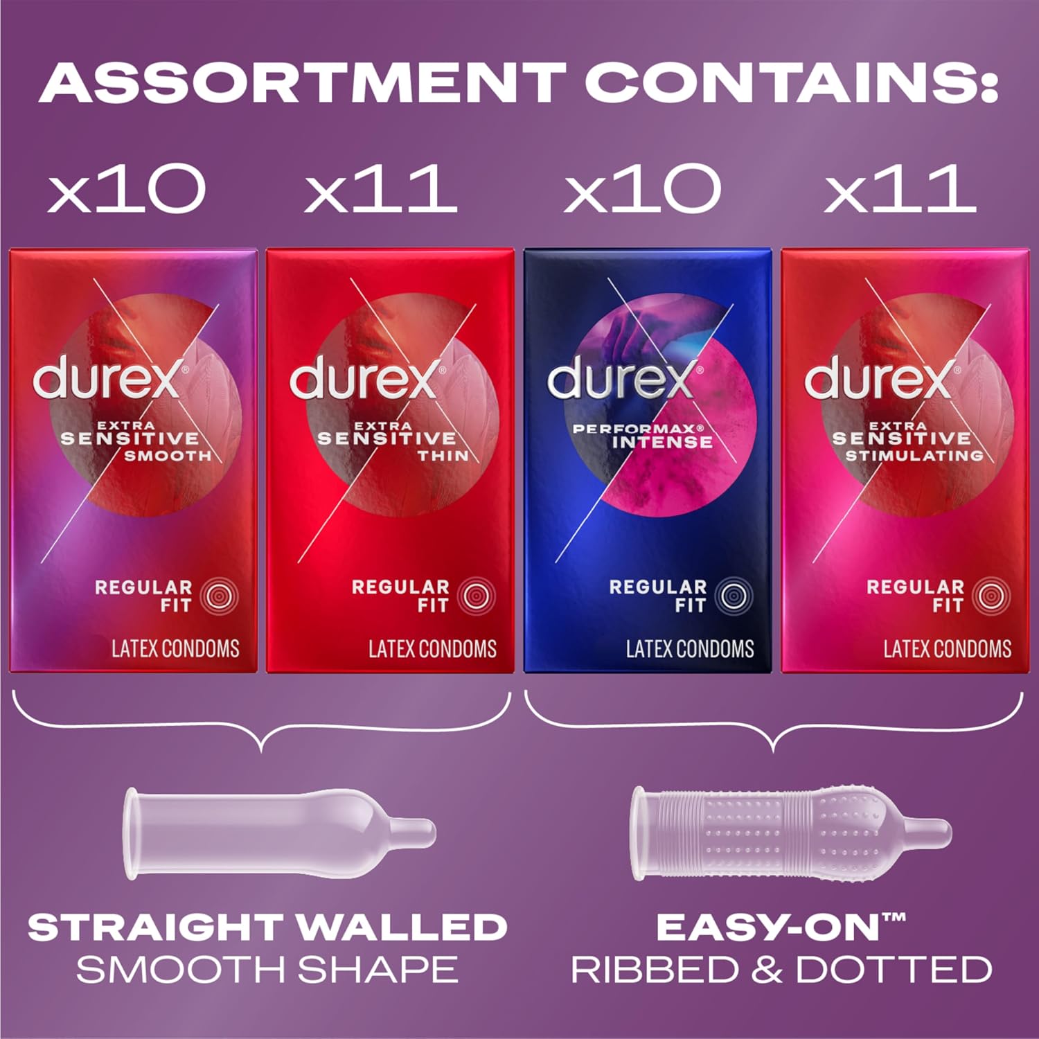 Durex Pleasure Pack Assorted Thin Condoms, Exciting Mix of Sensation and Stimulation, Lubricated Natural Rubber Latex Condoms for Men, 42 Count - Image 3