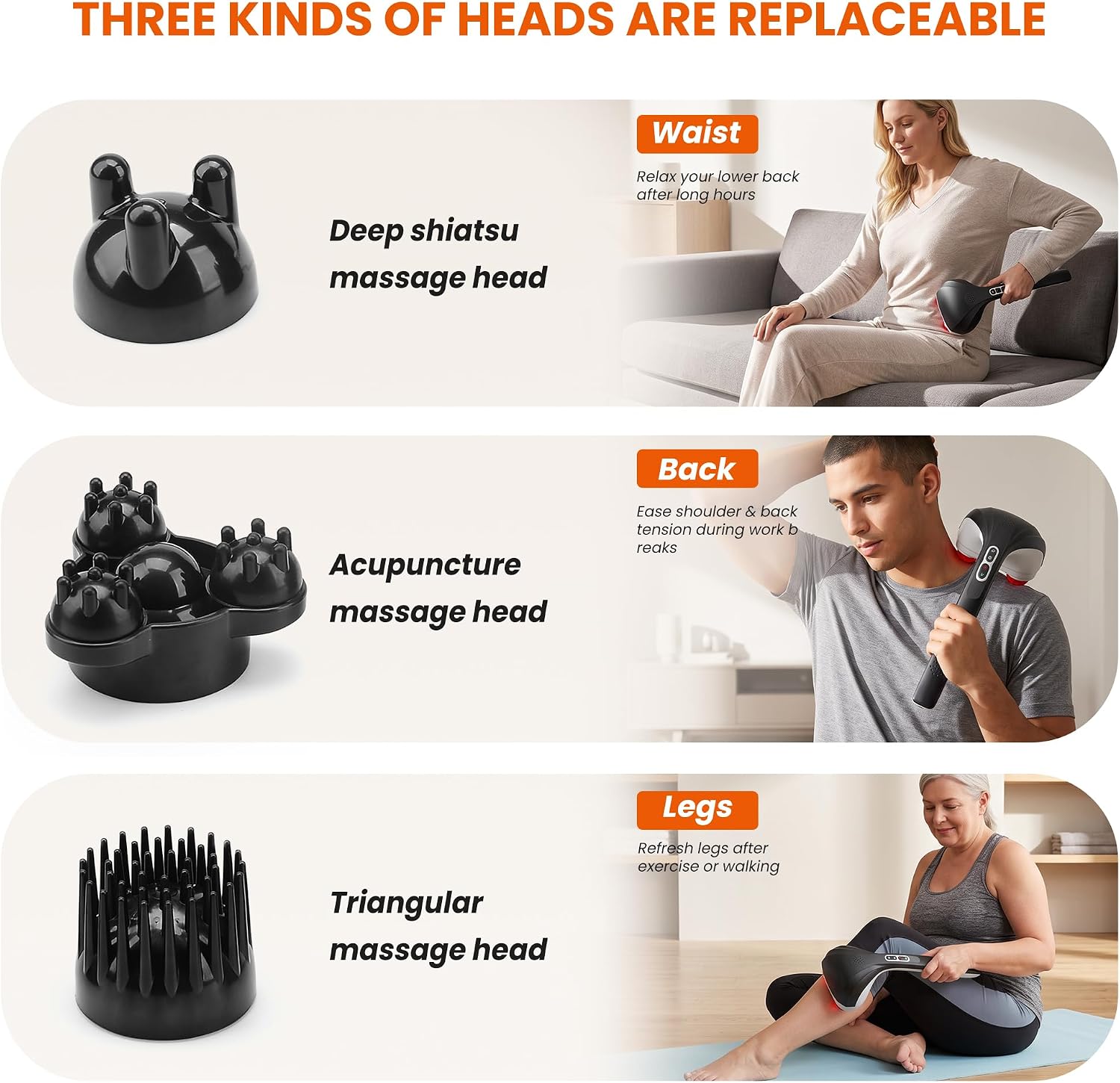 Snailax Cordless Handheld Back Massager with Heat, Deep Tissue Percussion Massager, 3 Sets of Dual Pivoting Heads,Rechargeable Hand Held Massager for Neck,Back Shoulder,Calf,Legs - Image 4