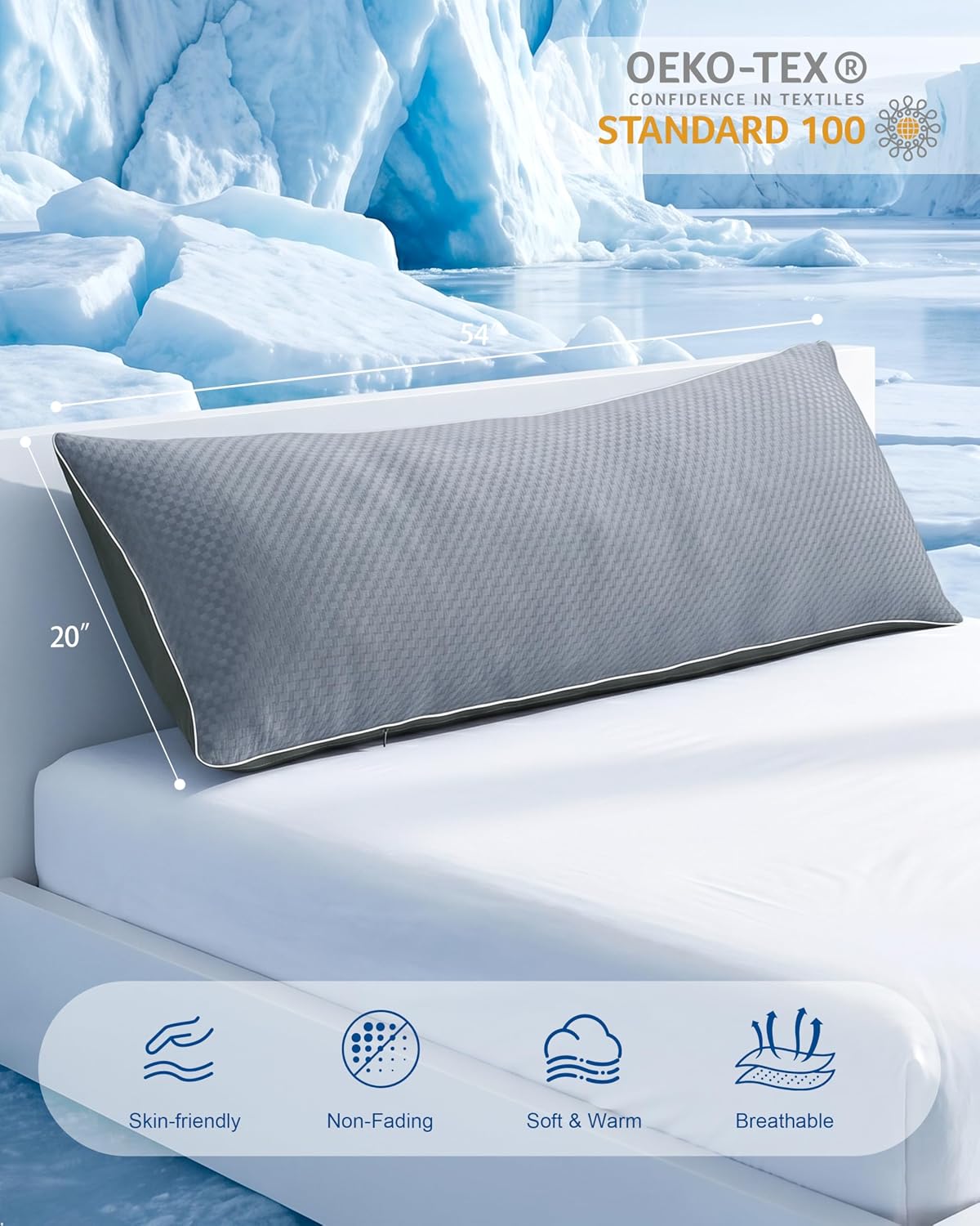 YZ HOME Cooling Body Pillow for Adults- Pillow Insert with Shredded Blue Memory Foam, Soft Support for Side Sleepper, Pregnant Women, Back Pain Relief, Washable Pillowcase (20x54 Inch, Grey) | Long Pillow for Bed with Memory Foam Insert,Adjustable, Soft Support for Side Sleeper, Pregnant(Dark Grey, 20x54Inch) - Image 2