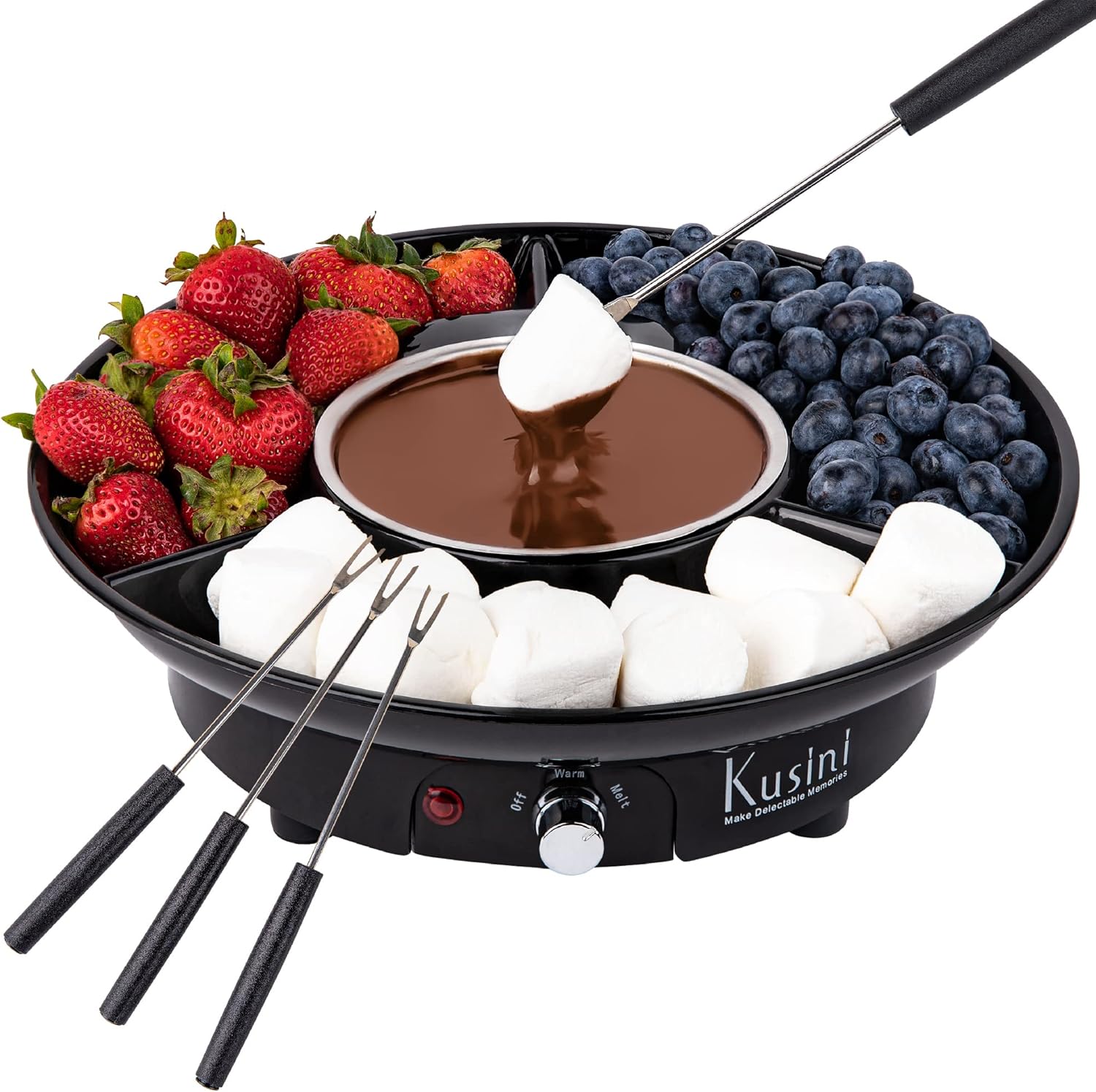 Kusini Electric Fondue Pot Set – Chocolate Fondue Kit - Temperature Control | Detachable Serving Tray, 10oz Melting Pot, 4 Roasting Forks - Gift Set & Date Night Idea. Serve at Movie Night or Game Night.