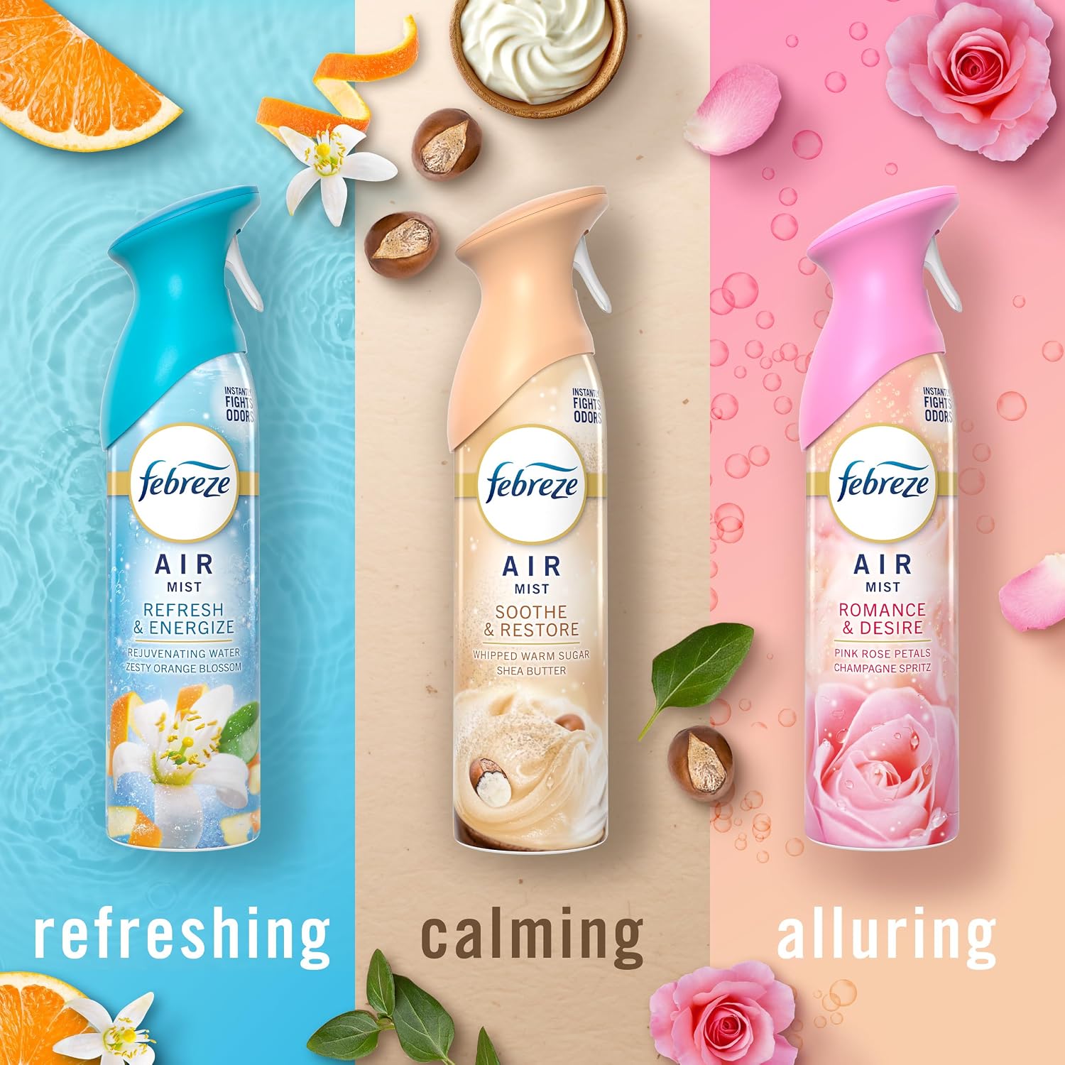 Febreze Air Mist, Air Freshener, Odor Fighting Room Spray, Deodorizer for Home Bathroom Kitchen Office Apartment, Soothe & Restore, Refresh & Energize, Romance & Desire Variety Pack, 8.1oz (Pack of 3) - Image 4