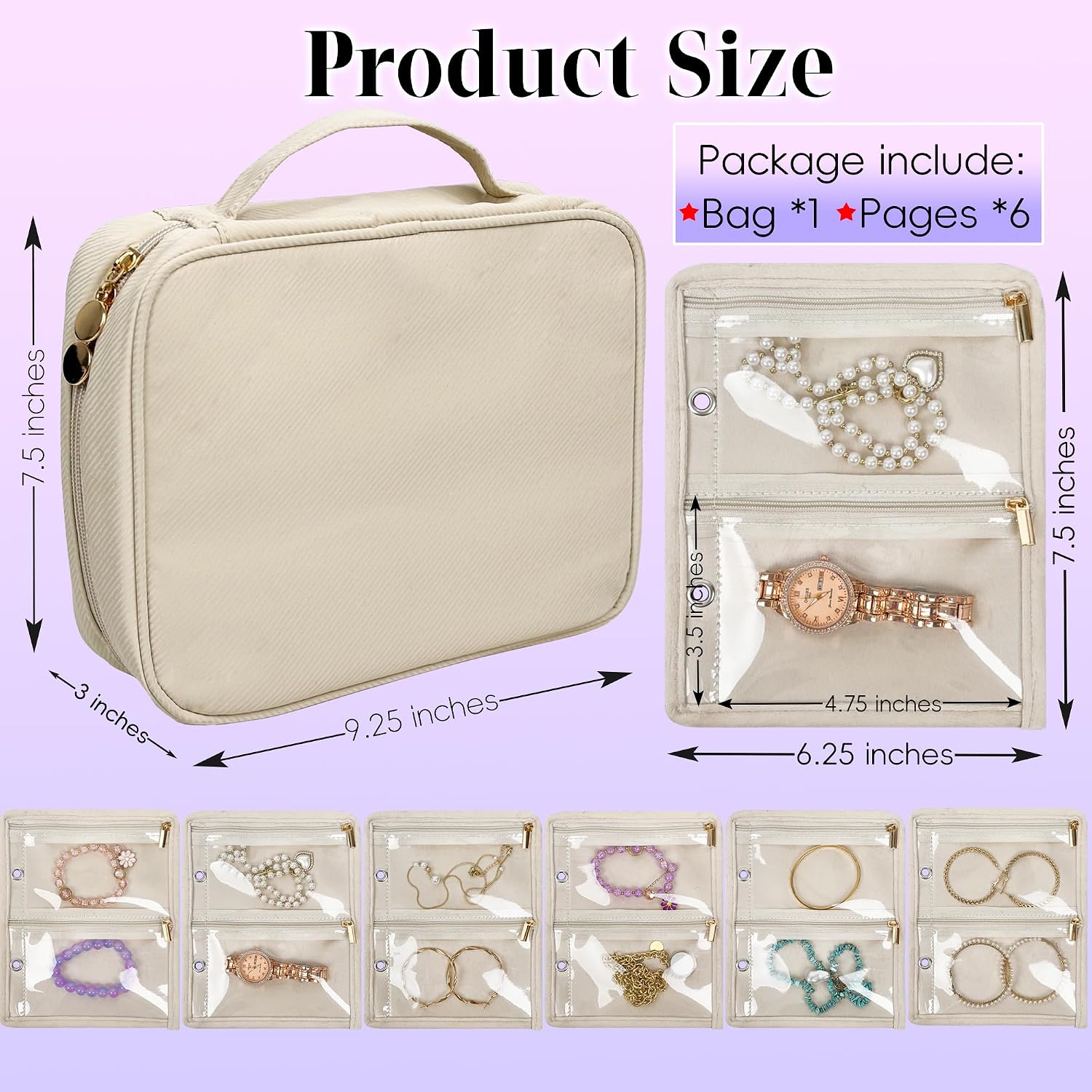 Travel Jewelry Organizer Case,Jewelry Bags for Traveling, Jewelry Binder with 24 Pcs Clear Zipper Velvet Pouches for Storing Earrings, Rings, Necklace, Bracelet, Watch (Beige) - Image 2
