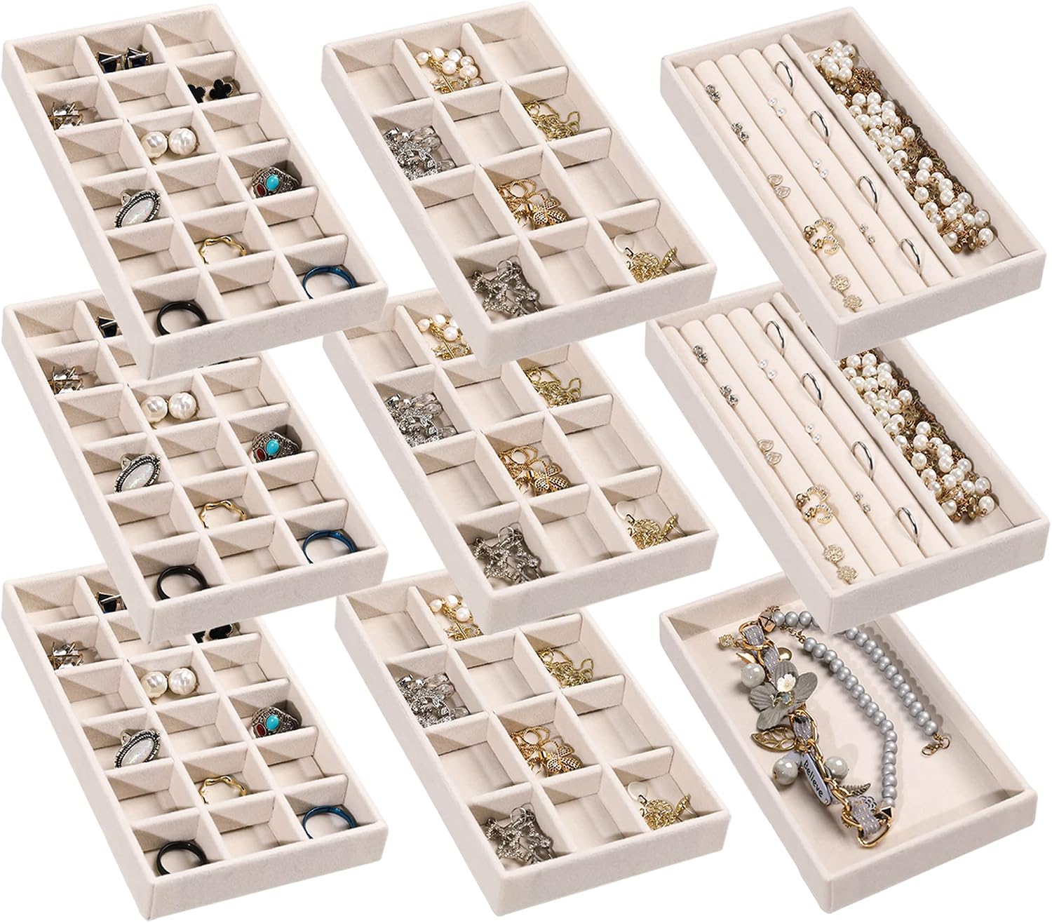 Jewelry Trays for Drawer,Set of 9 Jewelry Organizer and Storage | Velvet Material,Earring Holder Organizer,Stackable Jewelry Display for Vanity,Drawer Inserts for Rings,Studs,8.3×4.9 inch