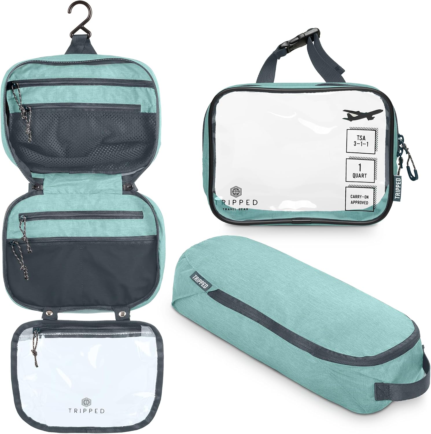 TRIPPED Travel Gear 3-Piece Travel Toiletry Bag Set | Includes Hanging Toiletry Bag, 311 TSA Liquid Bag, and Accessory Organizer Pouch with Lightweight Ripstop Construction