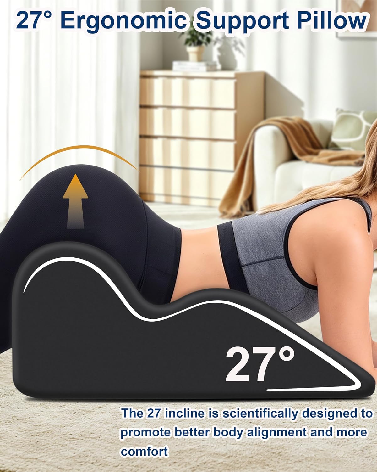 Ergonomic Memory Foam Wedge Pillow, 27° Bed Wedge Support, Black | Reading Reclining Sit Up Support, Upper Body Leg Elevation Comfort, Neck Back Waist Support, Removable Cover, Anti-Slip Base - Image 3