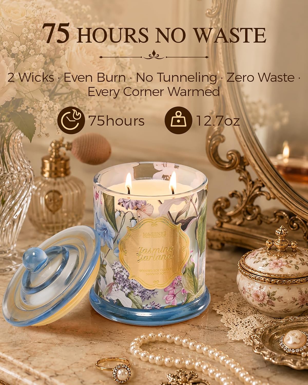 M&SENSE Jasmine Garland Non Toxic Large Soy Candle, 12.7oz Floral Scent | Natural Non Toxic for Home Scented, Housewarming Gift for Women - Image 4