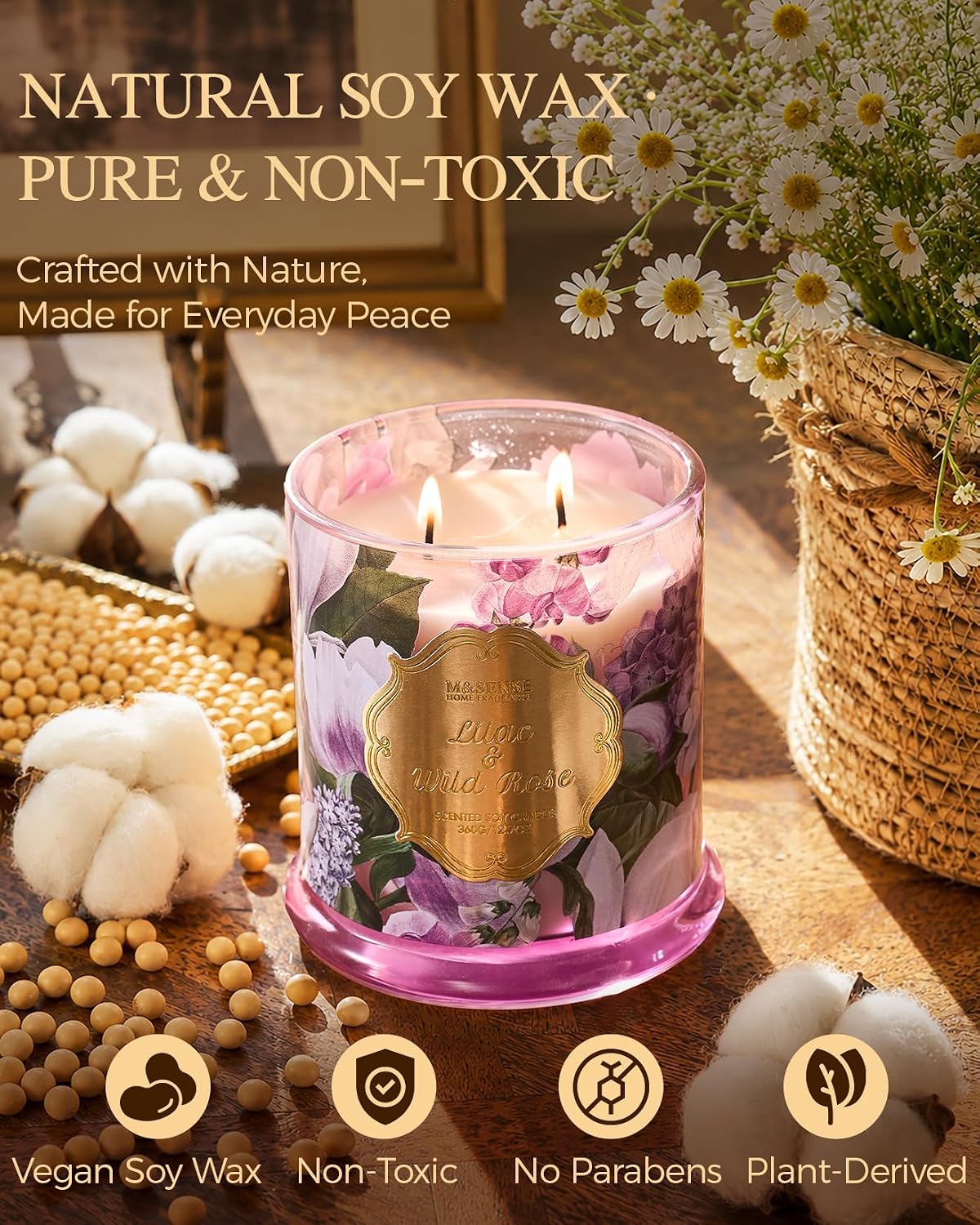 M&SENSE Lilac Wild Rose Non Toxic Large Soy Candle, 12.7oz Romance Scent | Natural Non Toxic for Home Scented, Housewarming Gift for Women - Image 3
