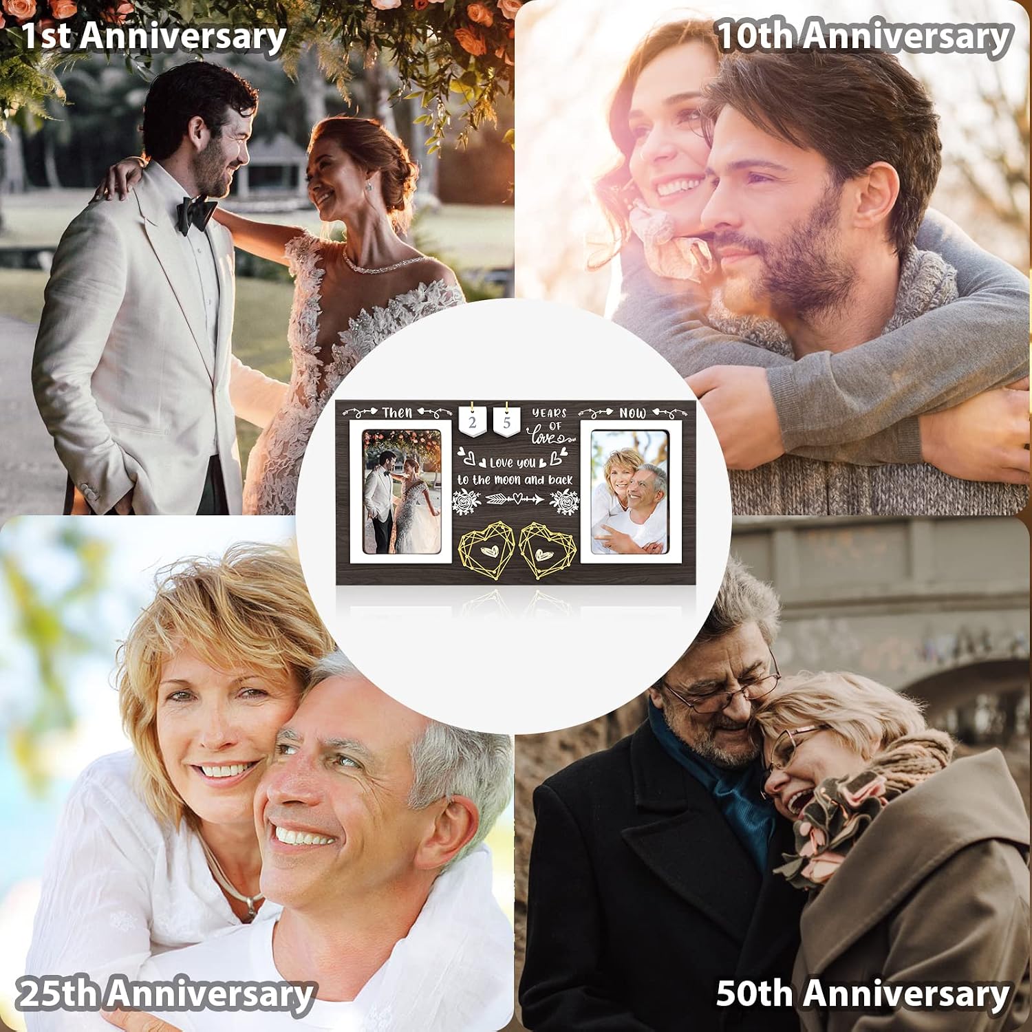 Then & Now Anniversary Picture Frame - 1-99 Years Anniversary Wedding Gift for Couple, Engagement Bridal Shower Gifts for Couples Wood Photo Frame Holds 2 4x6 Inches Photos - Image 4