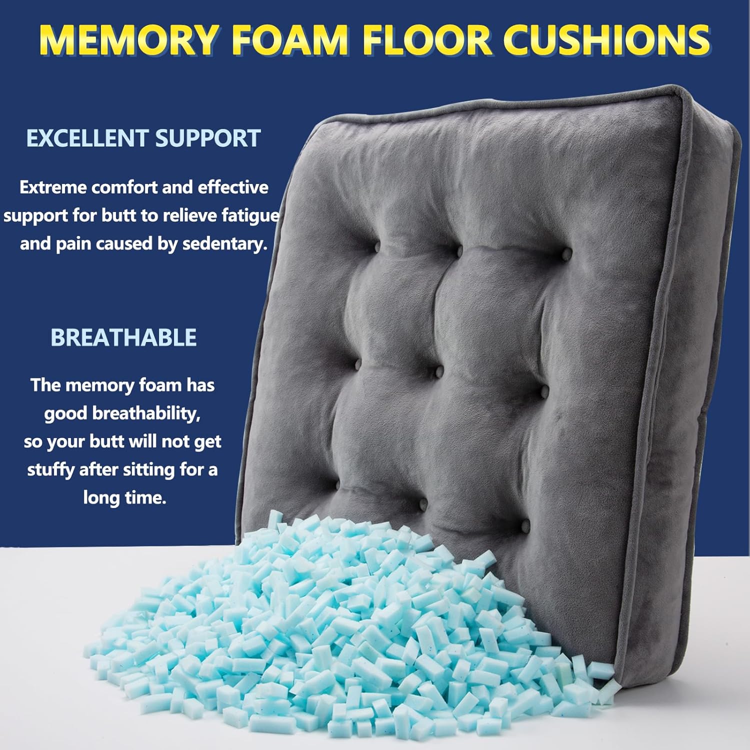 1 MIDDLE ONE Floor Pillow Set of 2, Memory Foam Meditation Cushion, Floor Cushions for Adults Sitting, Large Square Seat Cushions for Yoga, Living Room, 20x20 Inch (Grey) - Image 2