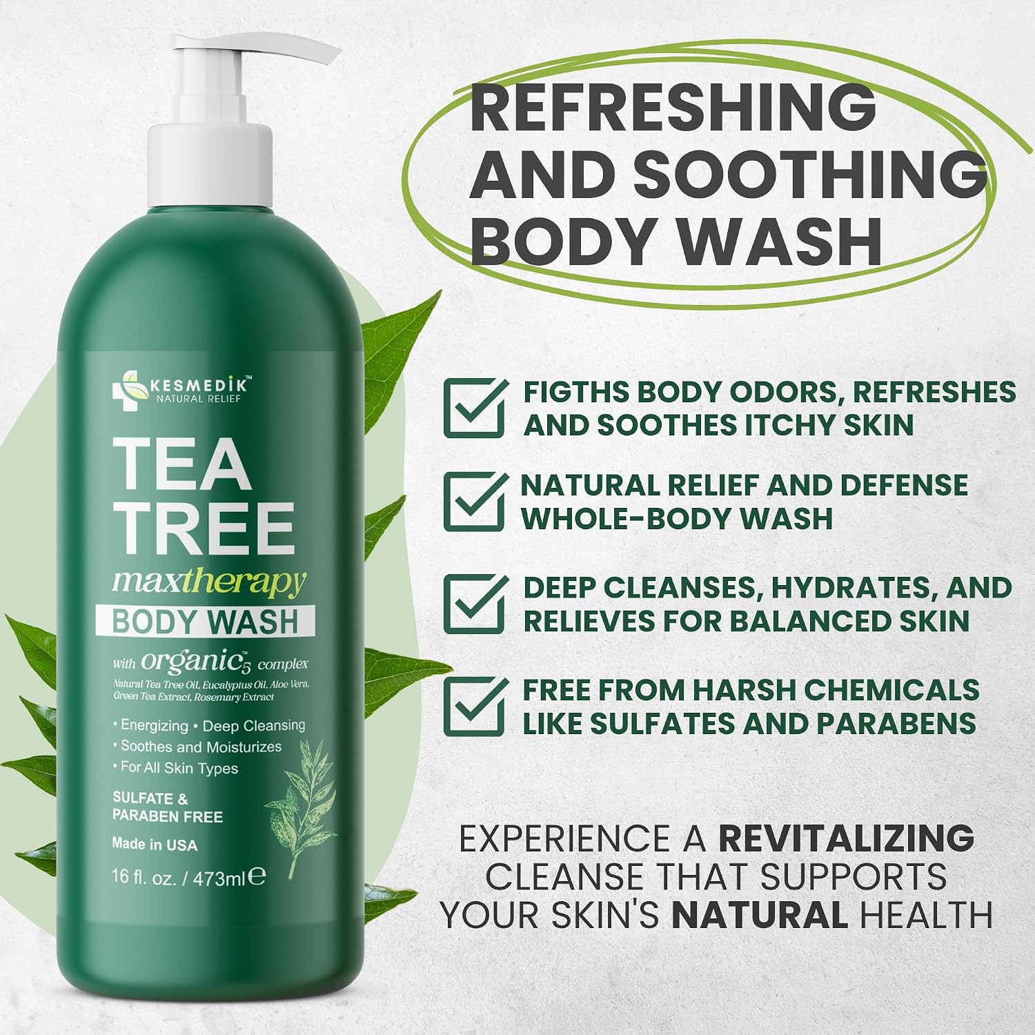 KESMEDIK Tea Tree Body Wash MaxTherapy with 100% Tea Tree Oil for Skin, Eucalyptus & Aloe Vera | Purifying Body Soap, Soothes & Refreshes Sensitive, Itchy Skin, Men & Women, 16 Fl Oz (Pack of 2) - Image 4