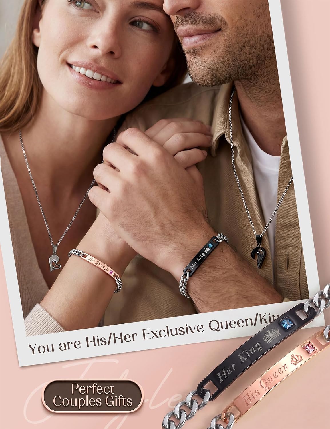 Jstyle 4Pcs Couples Jewelry Set, Matching Necklace Bracelet for Him and Her | Stainless Steel Heart Pendant Necklaces, His Queen /Her King Link Bracelets, Couples Jewelry Set, Valentine's Day Gifts - Image 3