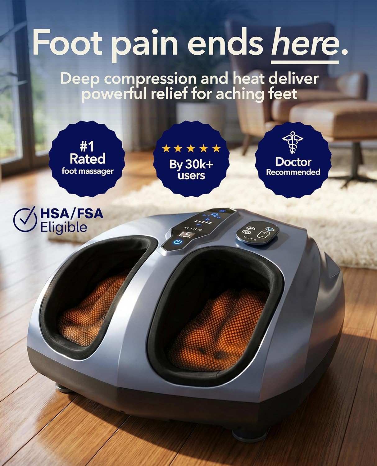 MIKO Shiatsu Foot Massager with Heat and Air Compression | 5 pressure levels, 3 modes, rolling & wireless remote; for plantar fasciitis and neuropathy; fits men's size 12 - Image 2